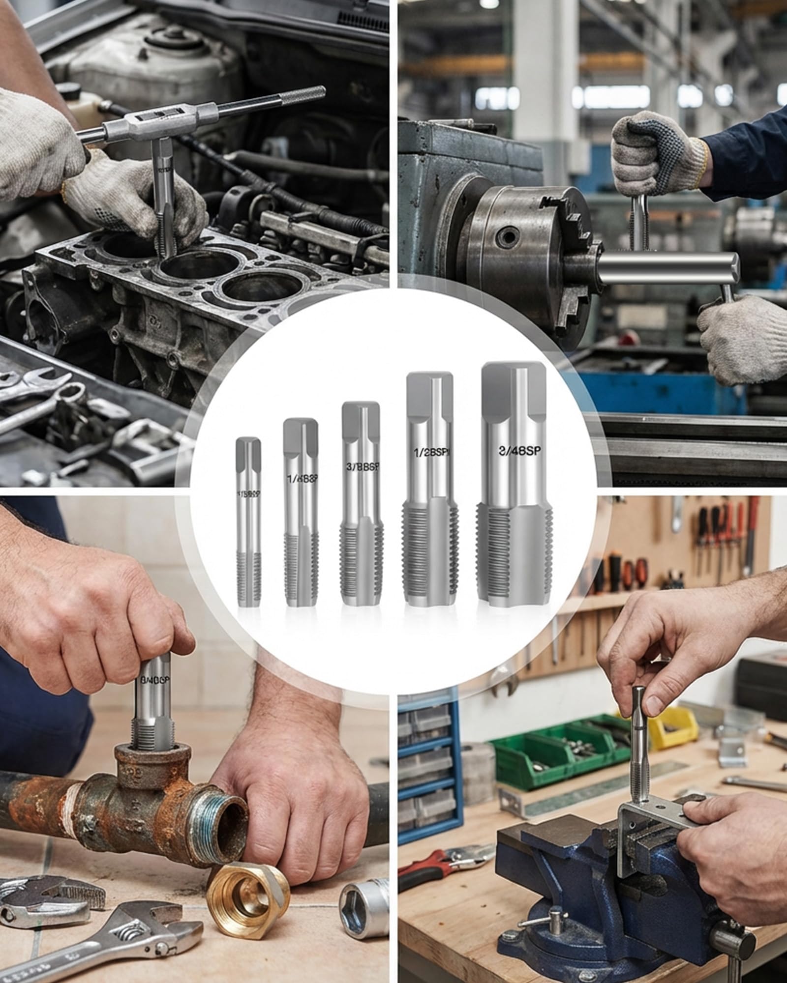 Set di 5 trapani per filettature di tubi BSP: 1/8 pollici, 1/4 pollici, 3/8 pollici, 1/2 pollici, 3/4 pollici filettatura interna ed esterna, utensile di riparazione per tubi metallici con