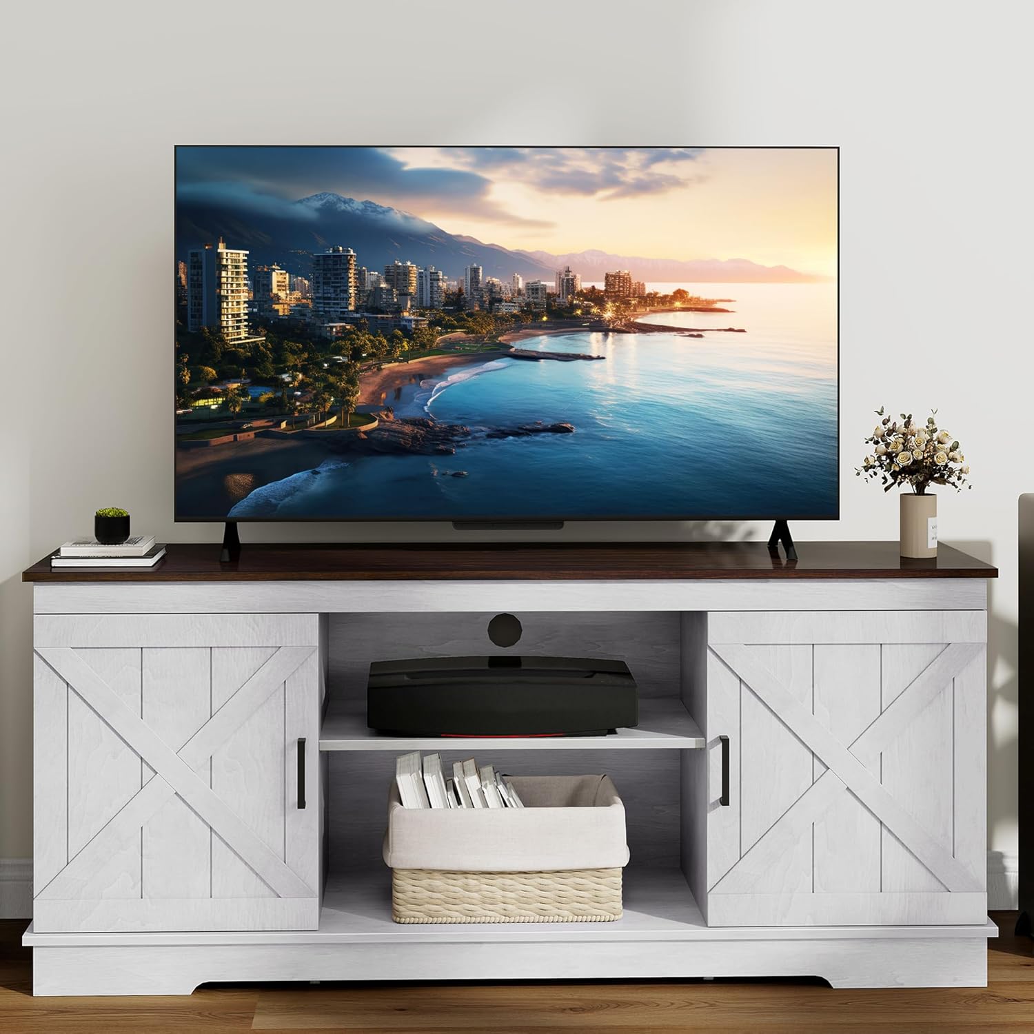 DWVO Farmhouse TV Stands for Living Room, Entertainment Center with Storage, TV Stand for 65 Inch TV with Double Barn Doors & Storage Cabinets, Rustic TV Cabinet Media Console, Espresso & Grey White - Amazon product rated Grade B