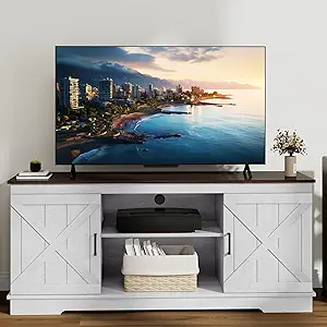 DWVO Farmhouse TV Stands for Living Room, Entertainment Center with Storage, TV Stand for 65 Inch TV with Double Barn Doors & Storage Cabinets, Rustic TV Cabinet Media Console, Espresso & Grey White