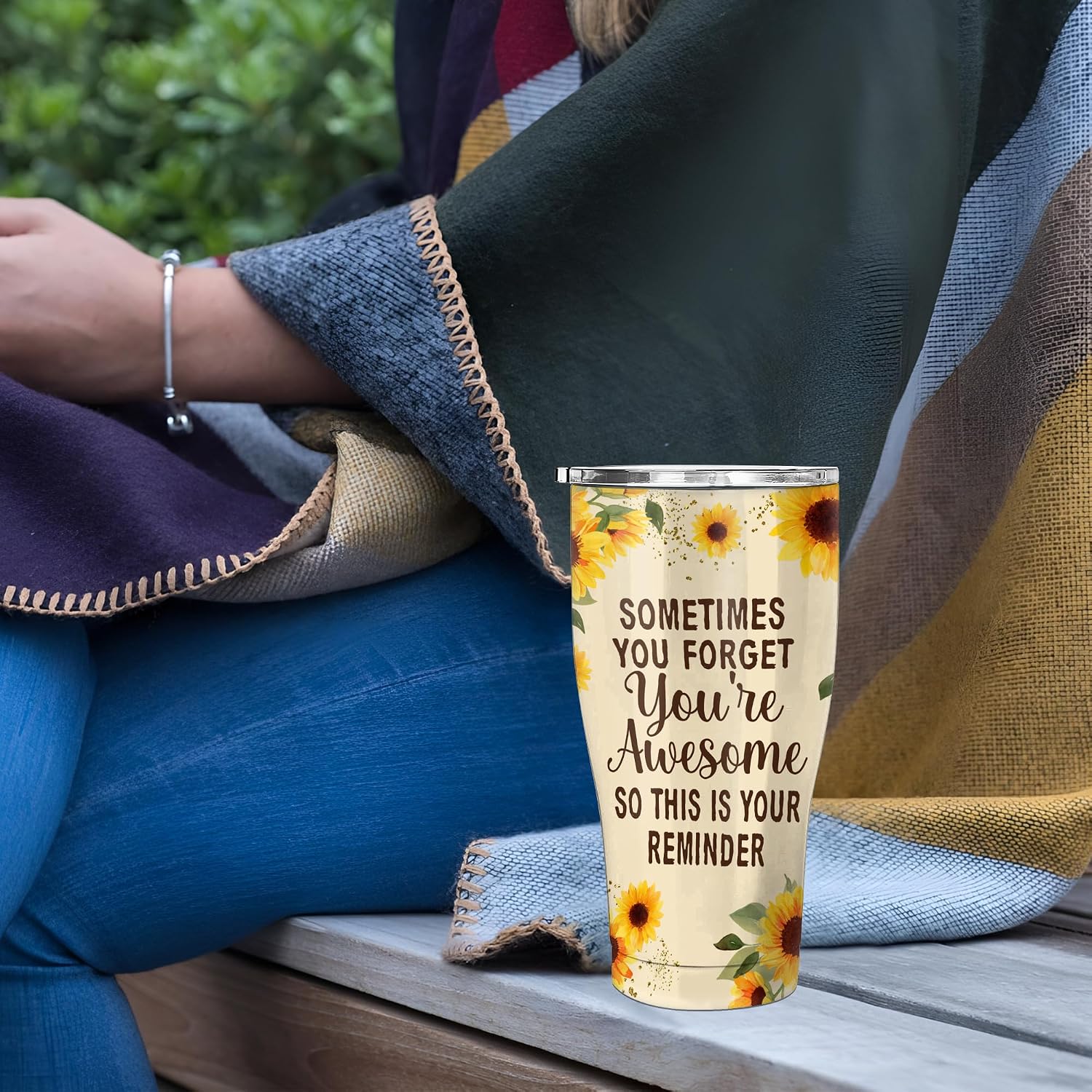 Hyturtle 30oz Stainless Steel Personalized Gnome Tumbler - Insulated, Double Wall, BPA-Free, Anti-Leak Slide Lid for Women, Adults - Sunflower Custom Name