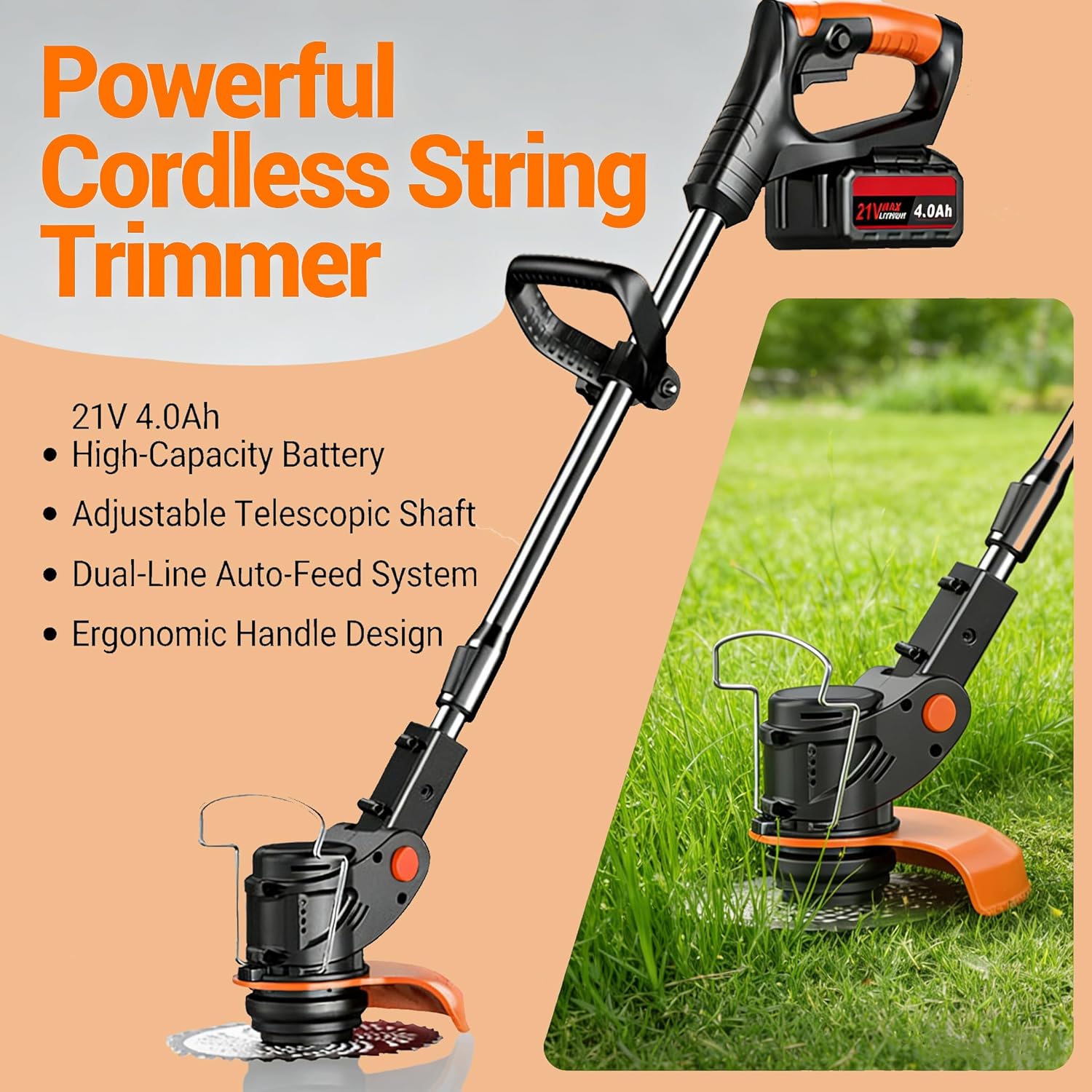 Weed Wacker, 21V Electric Cordless Weed Eater Brush Cutter with 3 Types Blades, 3.9 lbs, Adjustable Cutting Angle & Height Edger Lawn Tool for Garden and Yard