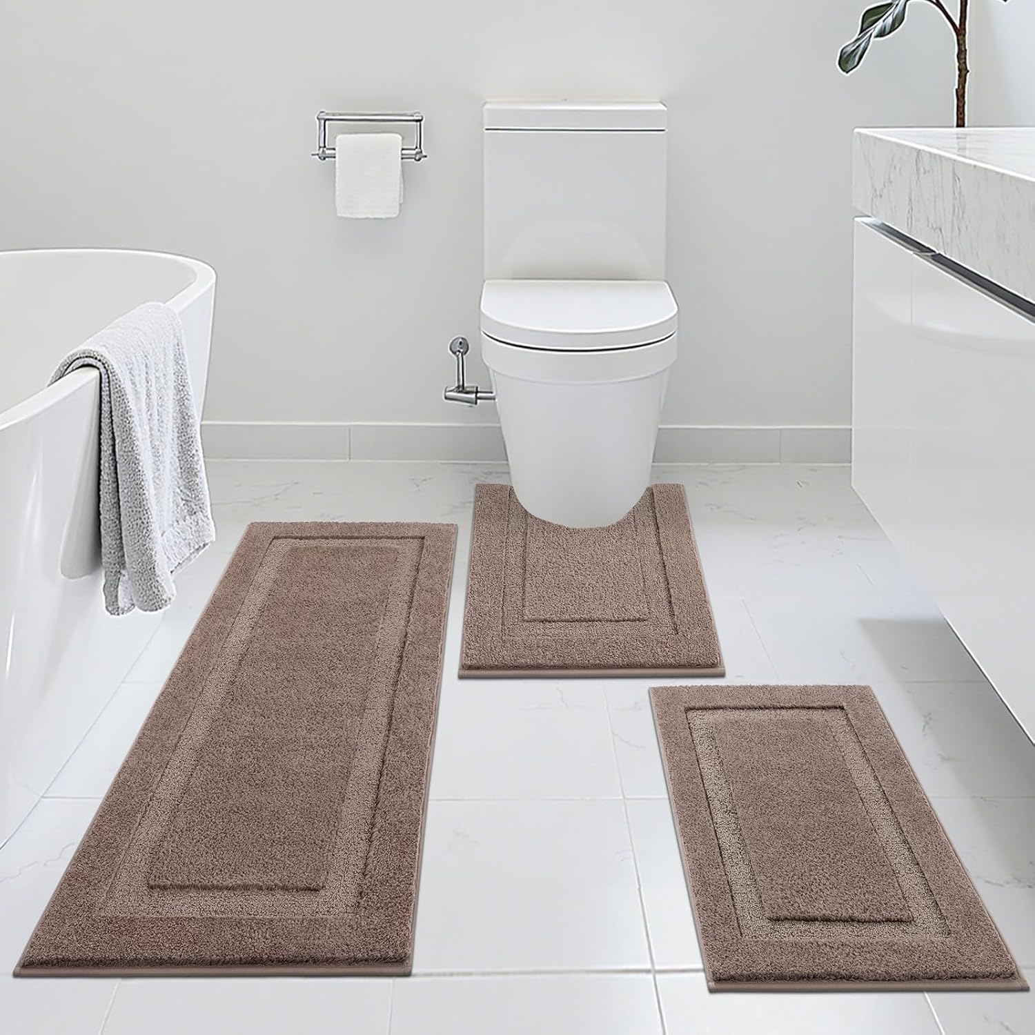 SHACOS Brown Bathroom Rugs Sets 3 Piece, 20"x32" + 20"x47" Non Slip Bath Mat 20"x24" U Shaped Toilet Rugs Washable, Soft Fluffy Water Absorbent Bathroom Floor Mat Rug - Image 2
