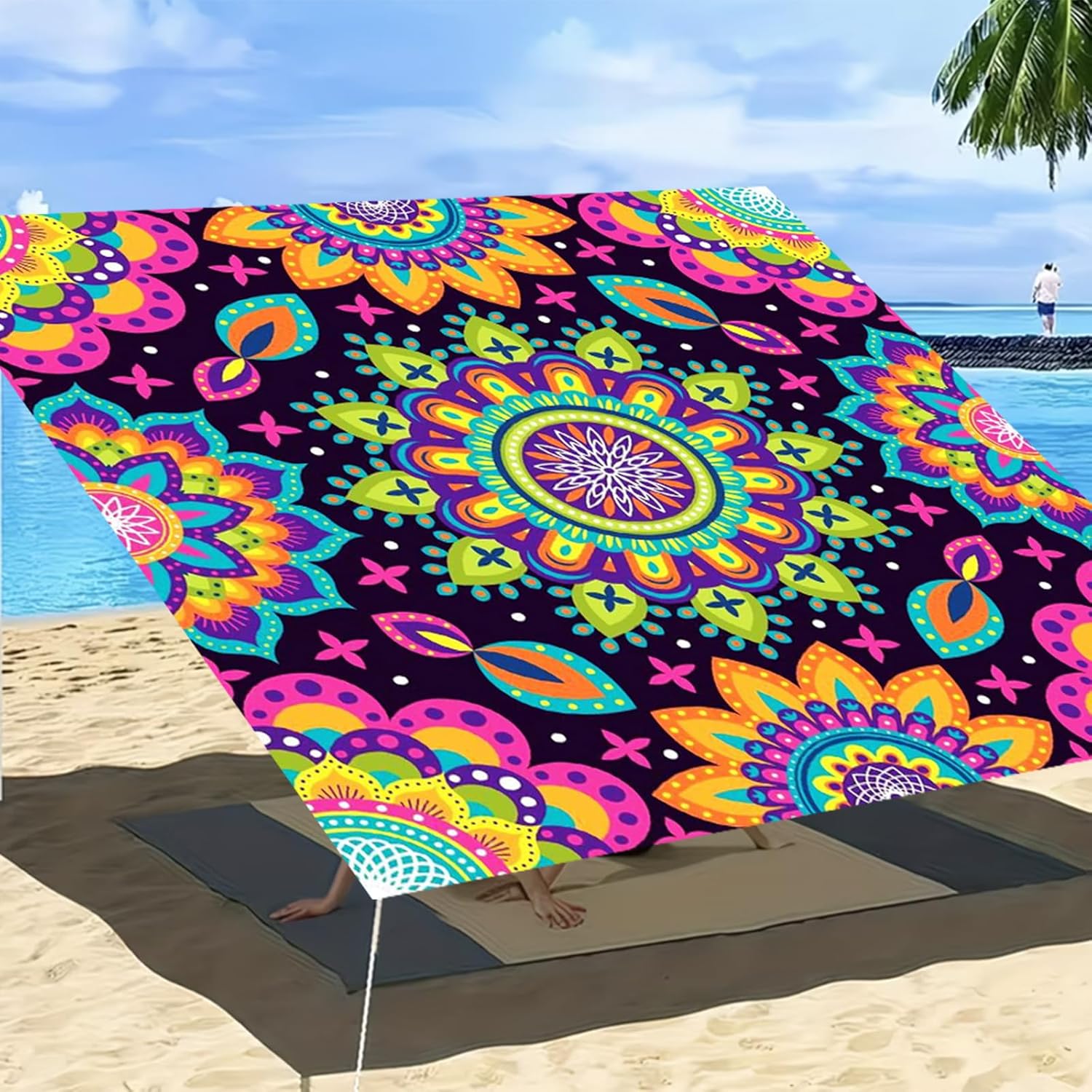 Miytal Blacklight Outdoor Sunshade Sail – 6' × 8' UV Reactive Mandala Canopy, Glow in the Dark Neon Patio Shade Cloth for Garden, Backyard, Deck & Party Decor