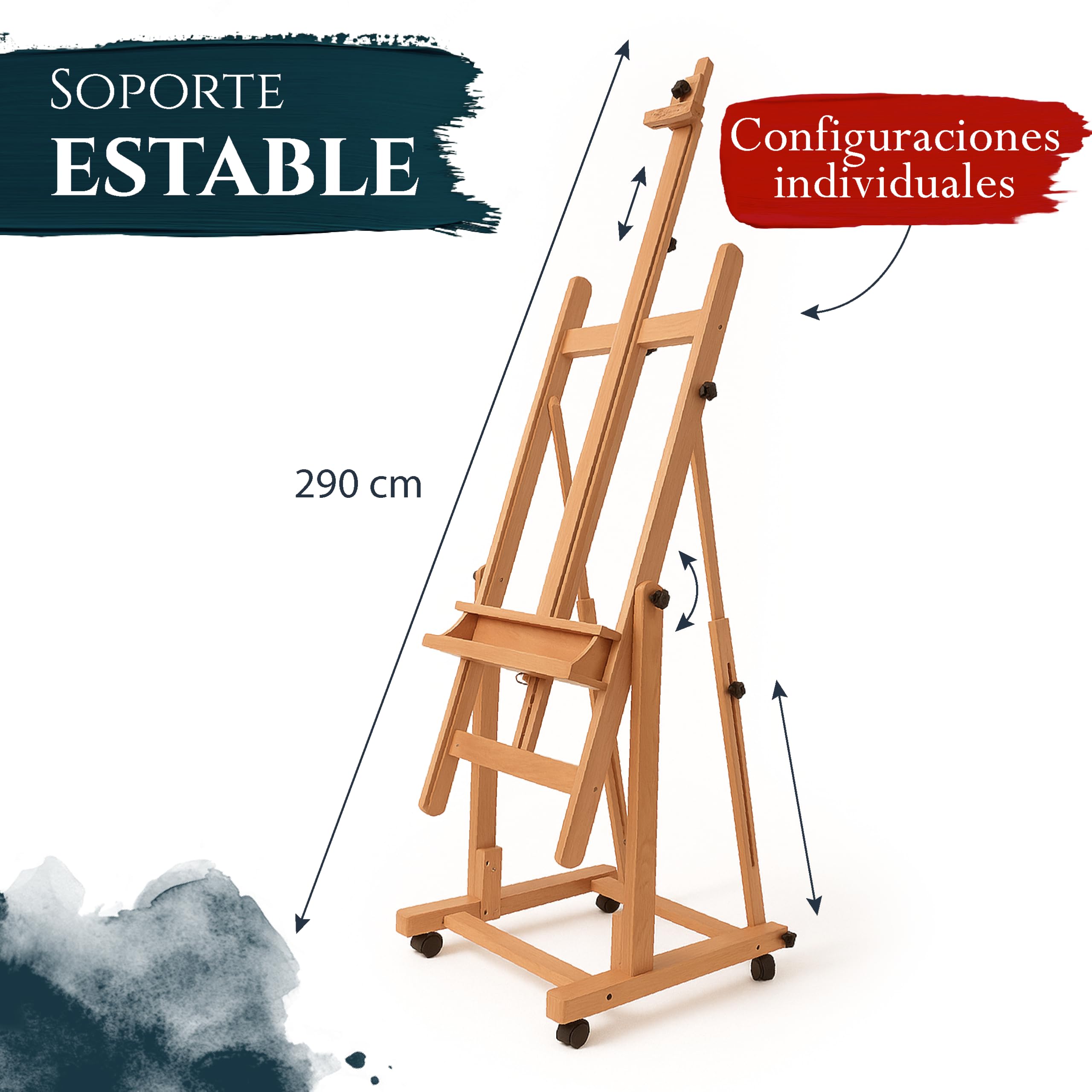 Artina caballete de pintura profesional de estudio con ruedas para lienzos | madera de haya maciza para hasta 210cm de horizontal plegable bastidor Verona