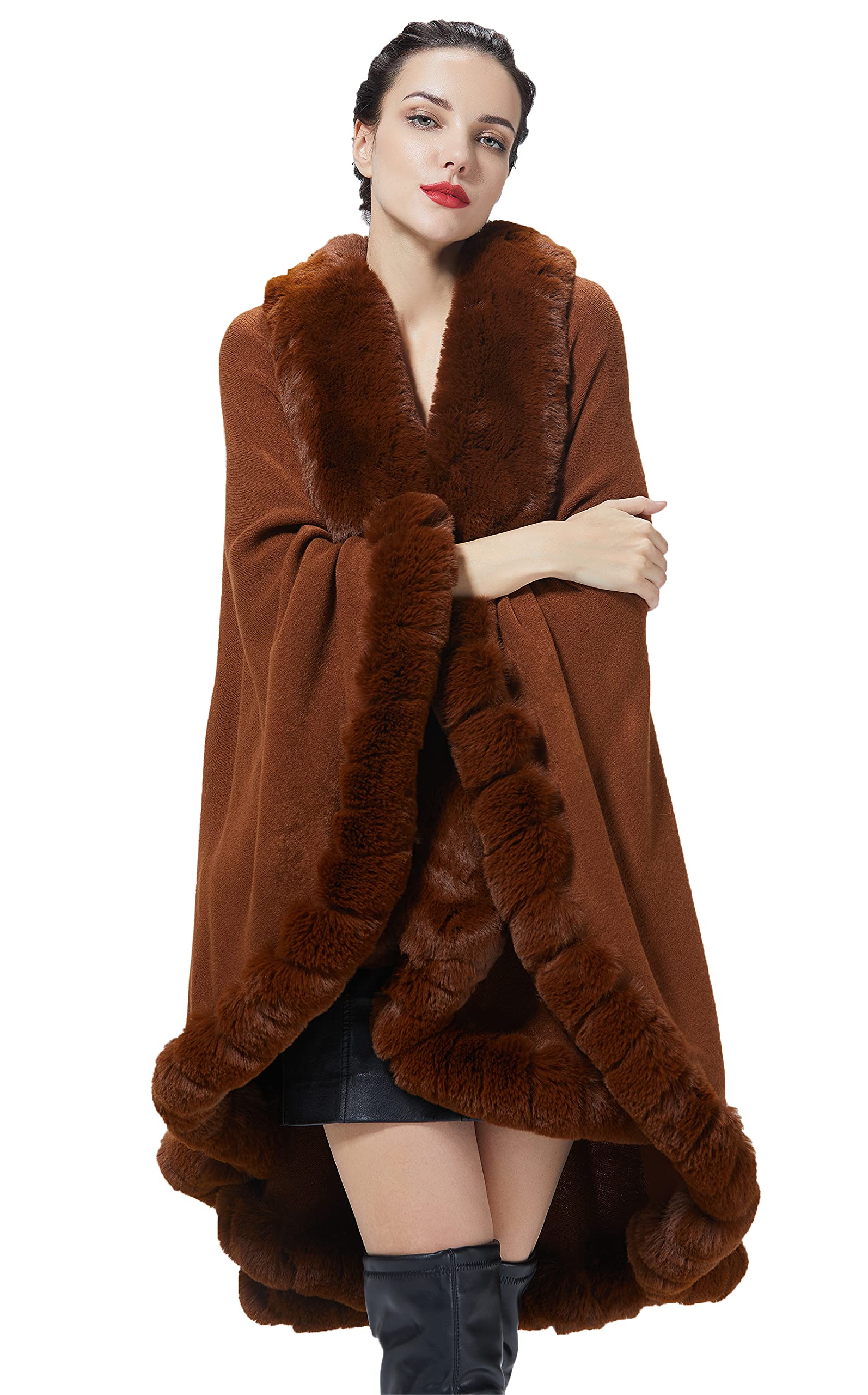 SUFCOMOU Faux Fur Shawl Wrap Women Poncho Cape Faux Fur Trim Coat Sleeveless Cardigan Dressy Cloak for Party