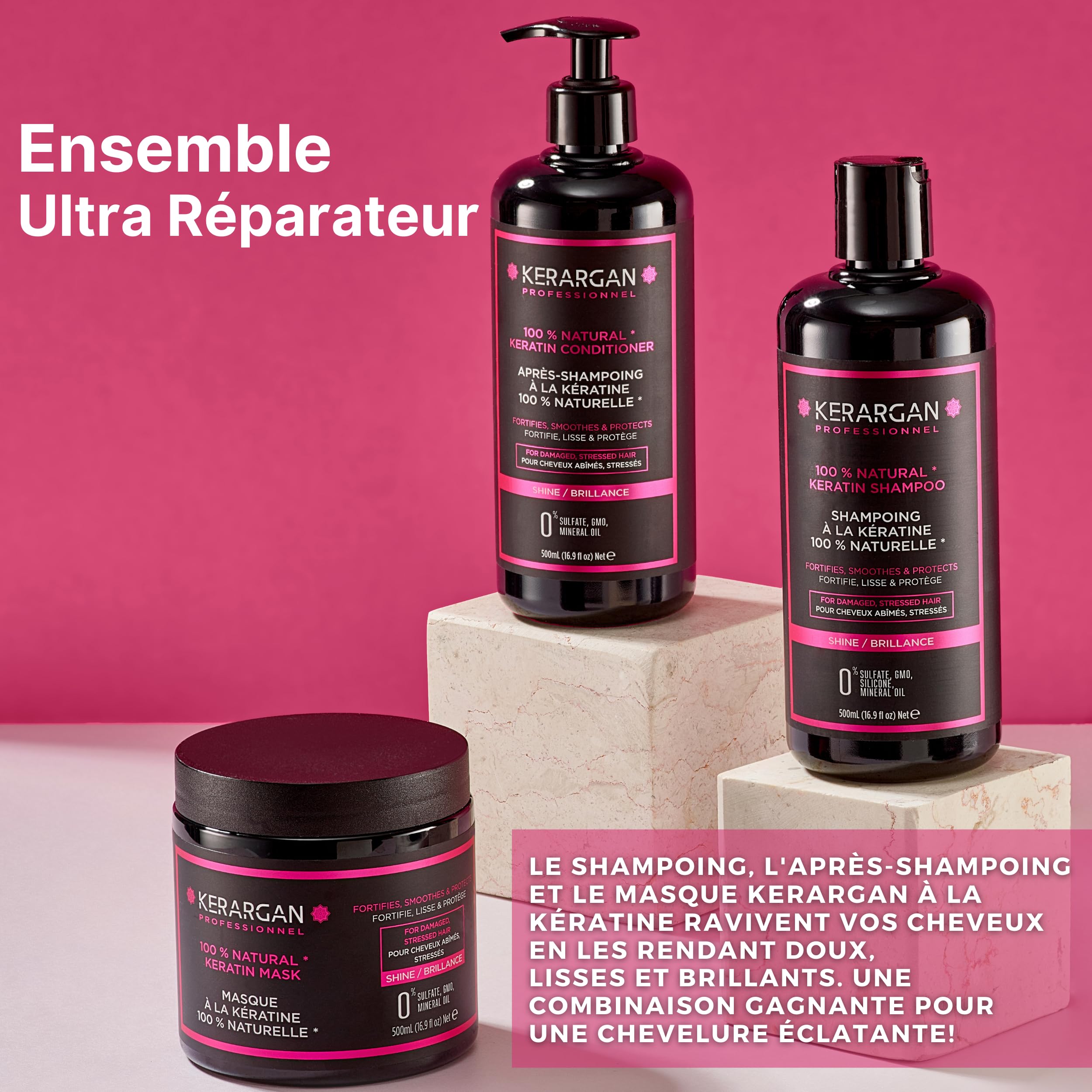 Kerargan - Trio Ultra Réparateur Shampoing, Après-shampoing & Masque à la Kératine pour Cheveux Abîmés et Stressés - Nourrit, Lisse & Renforce - Sans Sulfate, OGM, Silicone - 3x500 ml | Shampoing, après-shampoing et masque, routine réparatrice pour nettoy