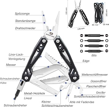 Mossy Oak 22-in-1 Multitool Stainless Steel Black Folding Tool with 4 Bits Knife Ruler Saw with Carry Bag for Hiking Camping and Repairs