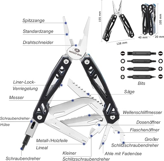 Mossy Oak 22-in-1 Multitool Stainless Steel Black Folding Tool with 4 Bits Knife Ruler Saw with Carry Bag for Hiking Camping and Repairs