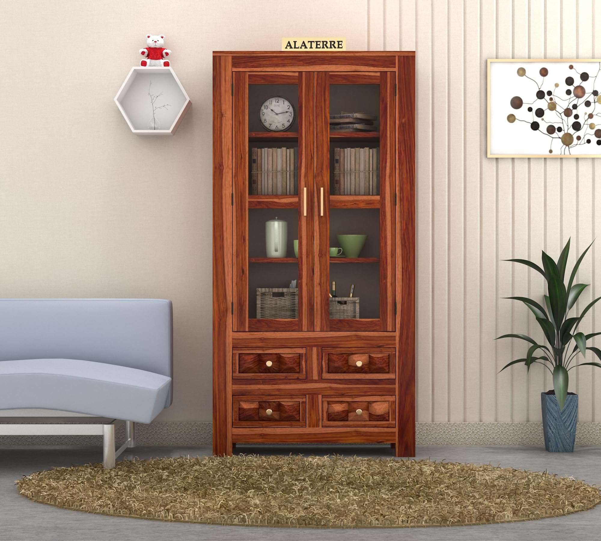 DYNAMIZE ART Wood Book Shelf with Glass Door, Wooden Bookshelf for Home Library, Kitchen Crockery Cabinet, Study Room Furniture, Books Rack, Book Stand, BookCases, Bookshelves, Honey Finish-image-12
