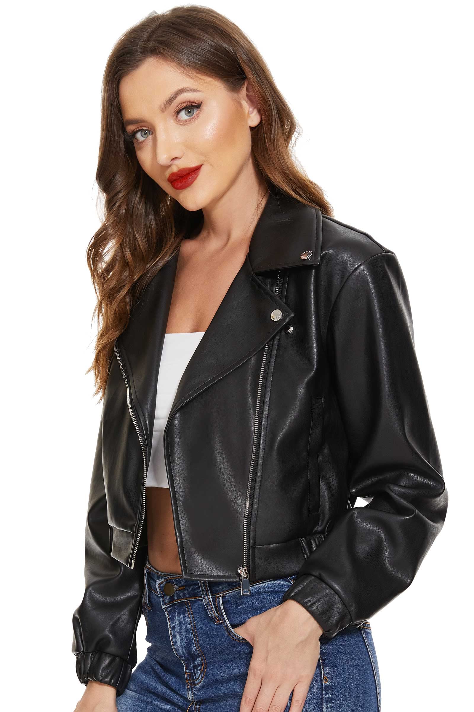 Fahsyee Lederjacke Damen Biker Kurz Slim Motorradjacke Schwarz S-XXL | Kunstleder PU, kurz geschnitten, Reißverschluss vorne, leicht, vegan, vielseitig kombinierbar