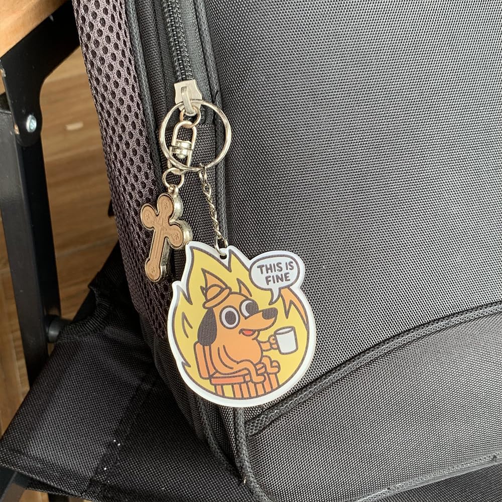 This Is Fine Dog Meme Acrylic Keychain, Funny Cartoon Character Design, Yellow and Orange Decorative Key Ring, 2.5 x 2.5 Inch Acrylic Charm for Bags and Keys - Image 3