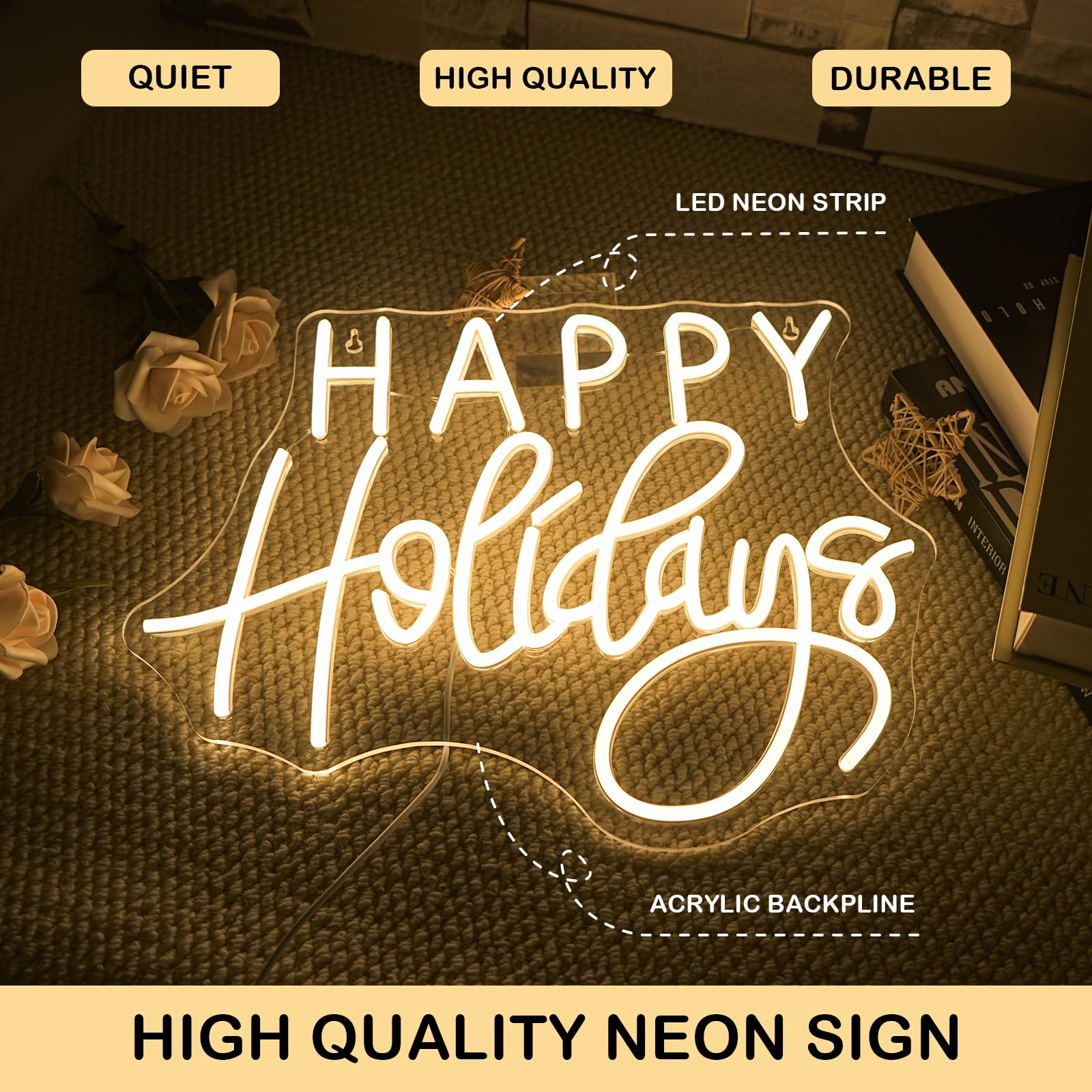 Horseneon Letrero de neón Happy Holidays para decoración de pared, árbol de Navidad, luz LED de neón con alimentación USB para fiestas, ventanas, decoración del hogar, dormitorio, sala de estar