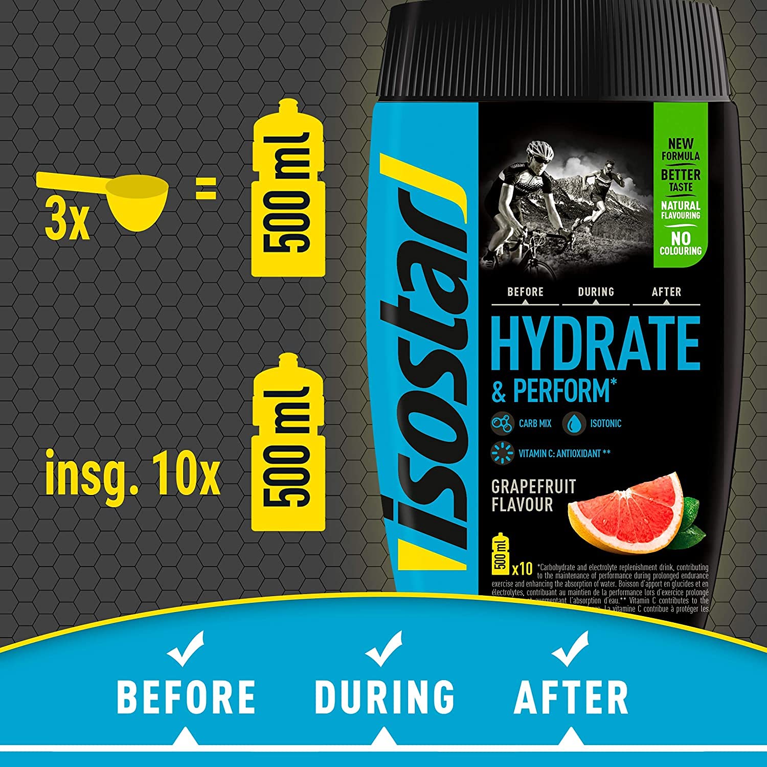 Isostar Hydrate & Perform – grejpfrut – 2 x 400 g proszku | opakowanie 2 szt. + oryginalna butelka na napoje 1000 ml
