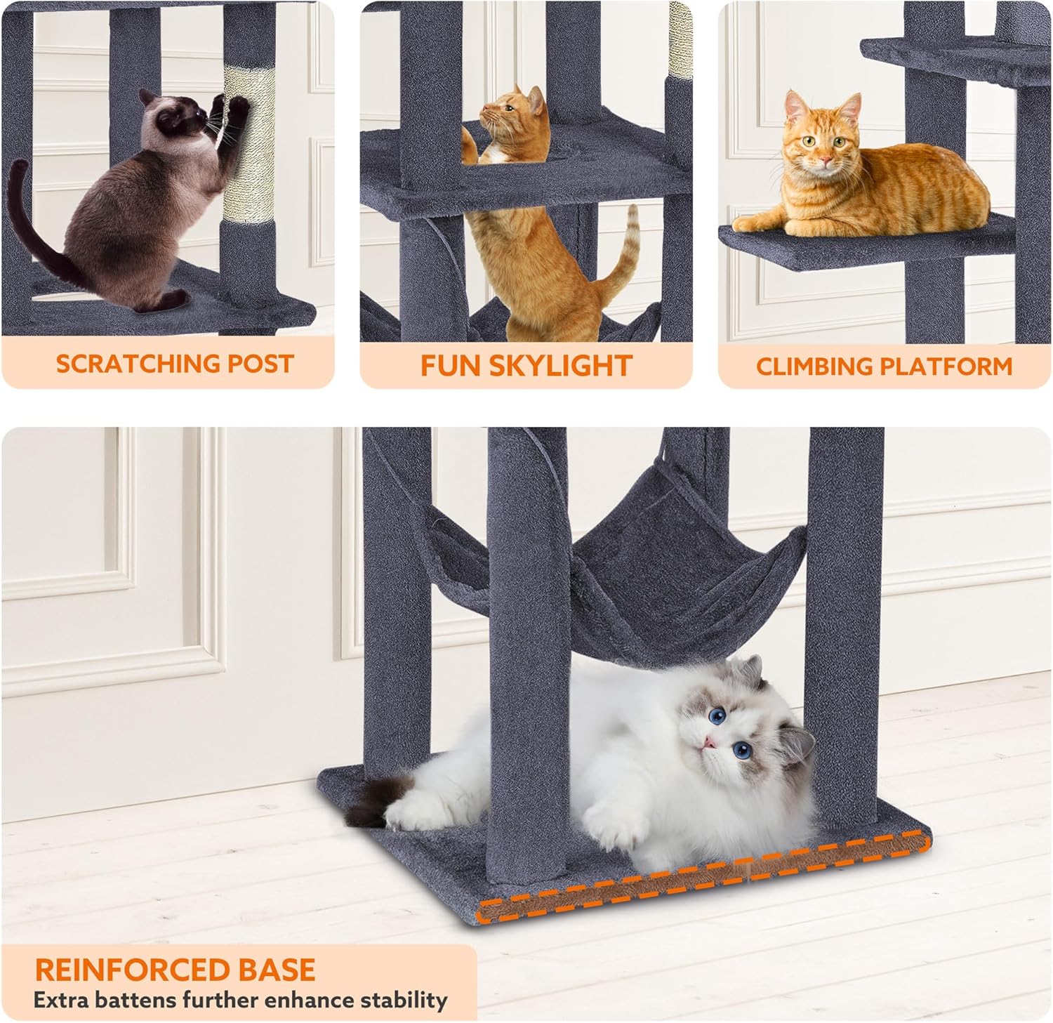 review 61.4 inches Large Cat Tree with Toys, Upgraded Version Cat Tree Tower with Condo, Hammock and 2 Perches for Indoor Large Cats (Dark Gray, Medium)