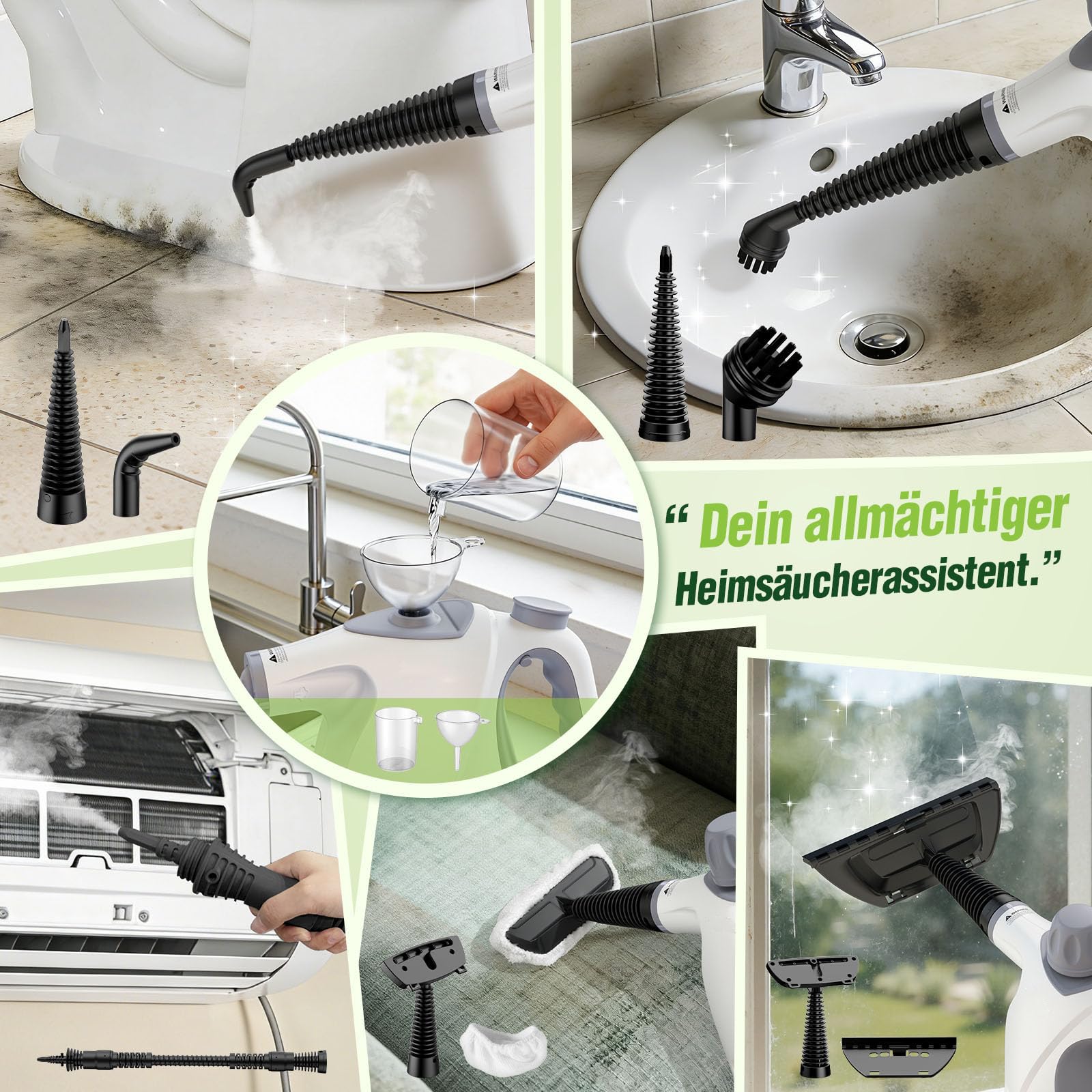 Dampfreiniger Handgerät 1050W, 3,2Bar Hochdruck Handdampfreiniger mit 10 Zubehör, Chemiefrei, Sicherheitsschloss, Entfernt Fett Schmutz, Steam Cleaner für alles Küche Fenster Auto Polster (Weiß)