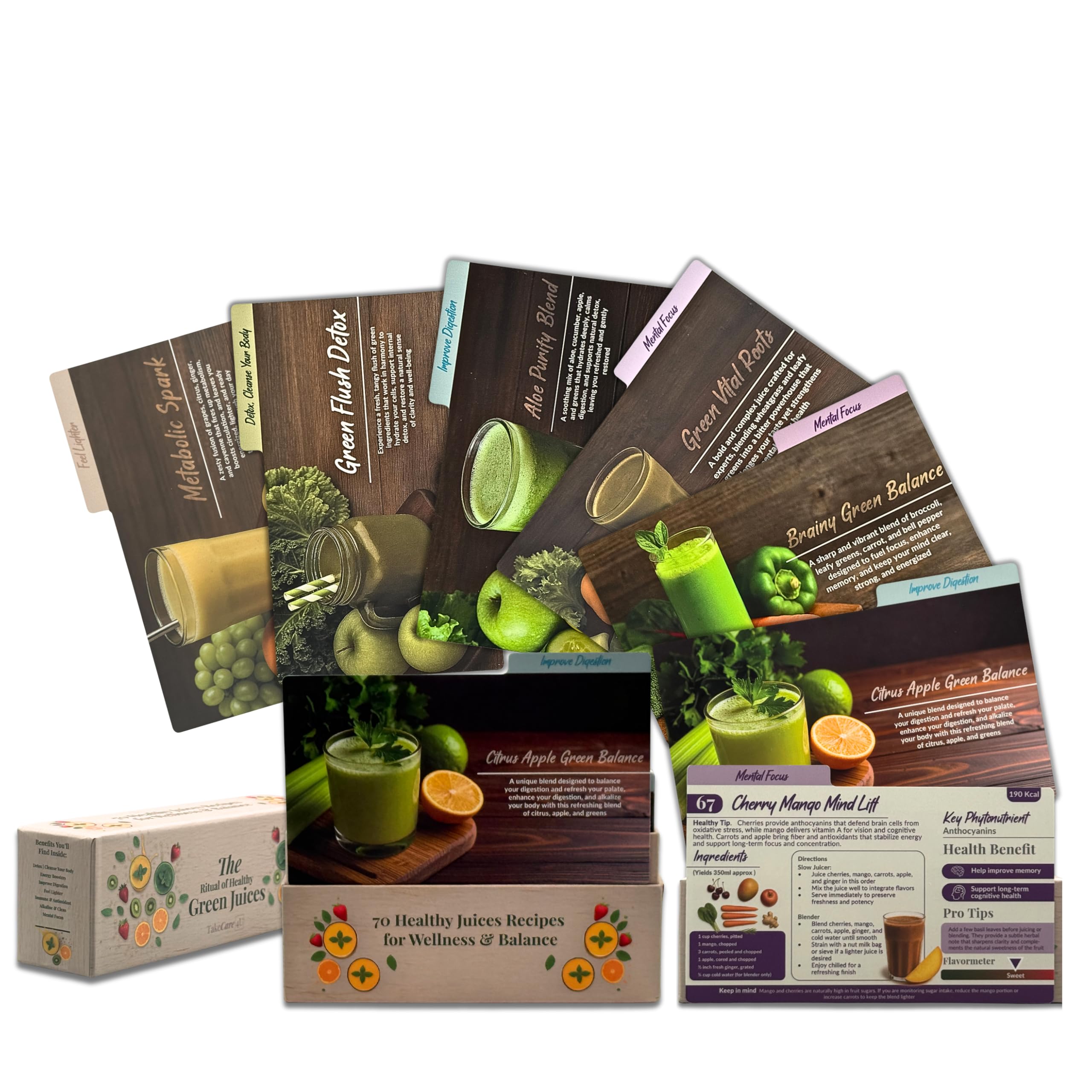 Juicing Recipe Cards – 70 Green Juice Recipes for Juicer & Blender, Beginner Recipe Card Deck for Detox, Weight Loss & Wellness, Includes Storage Box | TAKECARE4U