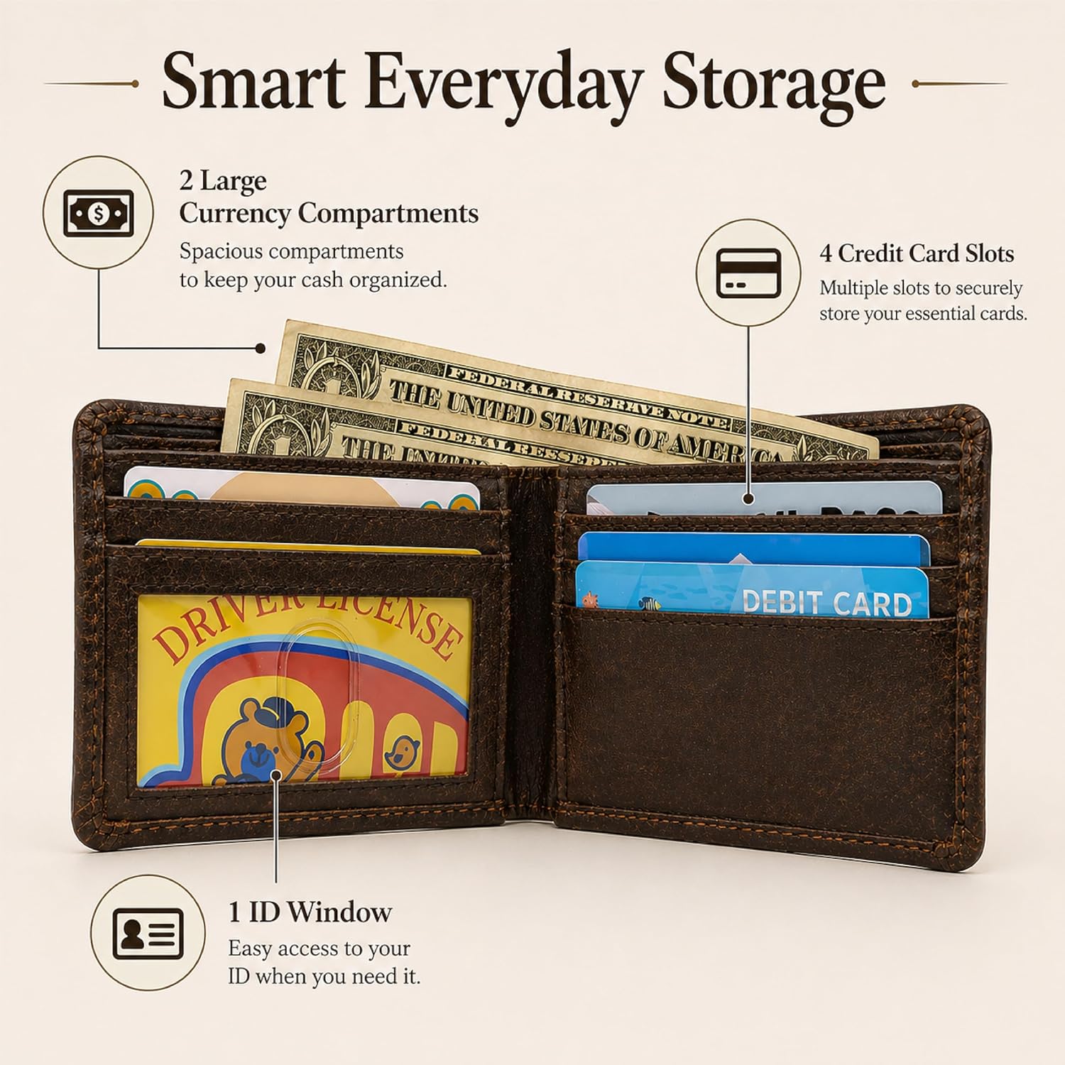 Leather Wallet Card Holder – Slim Bifold Wallet with ID Window Multiple Card Slots Compact Front Pocket Wallet for Everyday Use, 3.5 x 4.5- Brown