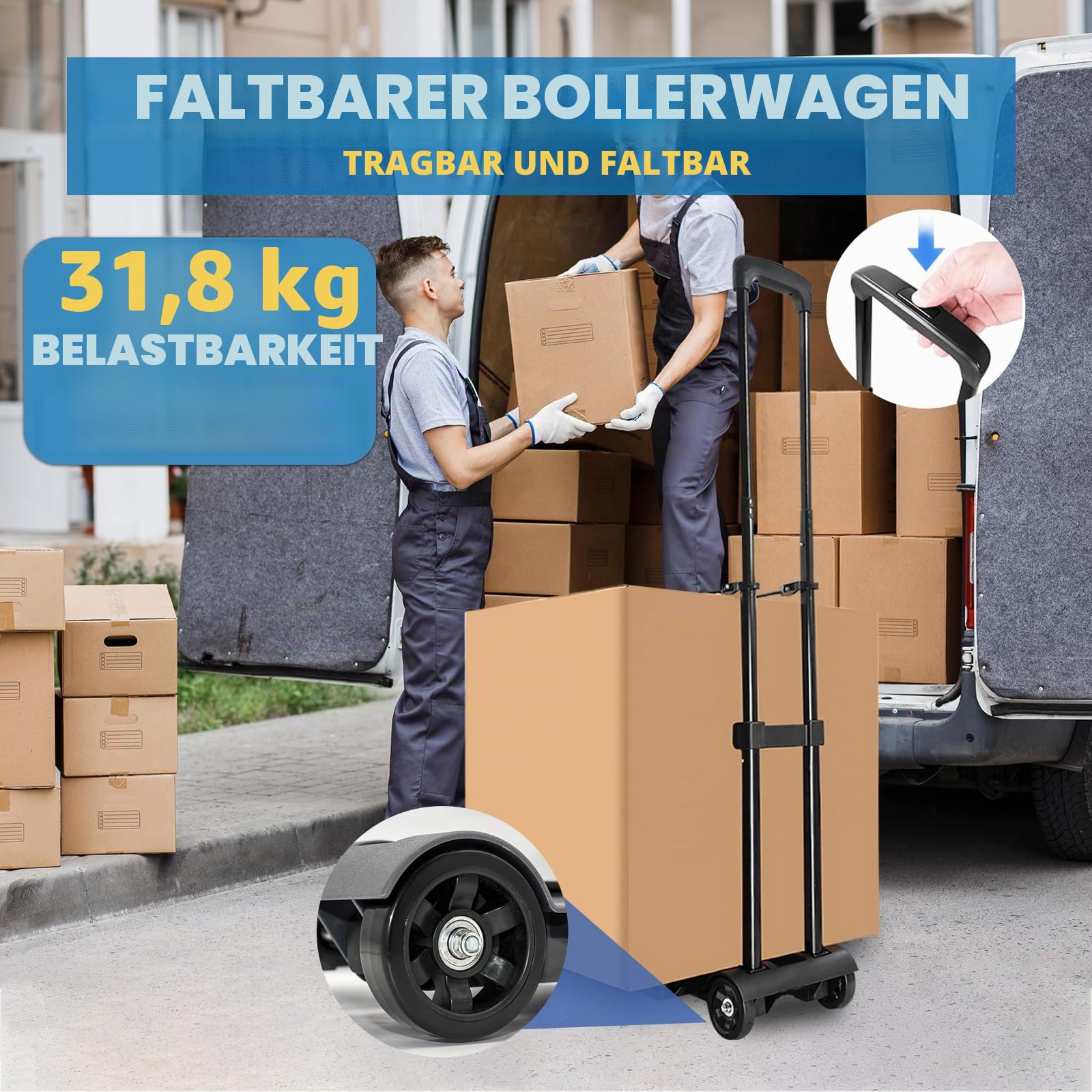 ZHJINGYU Sackkarre Klappbar, 35KG Transportkarre mit Teleskopstange, 2 Expanderseilen inklusive - Leichtgängige Räder (schwarz)
