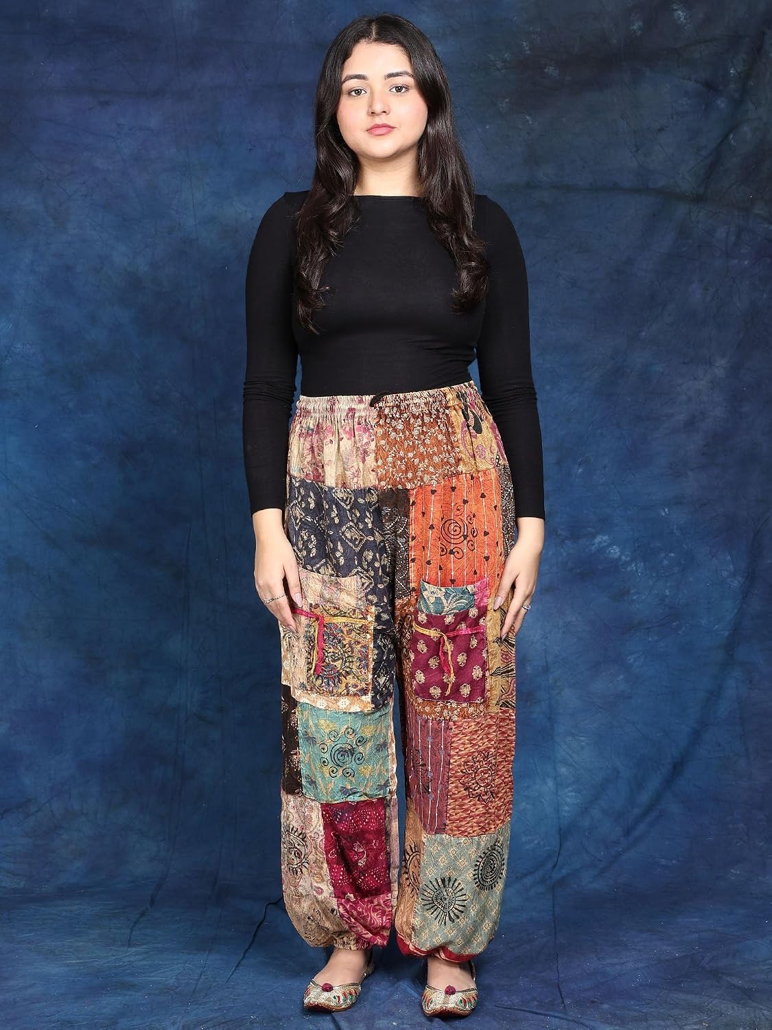 Exotic India Girl's Elastic Waist Pants Loose Pure Cotton Long Trousers with Printed Patchwork Pant for Girls
