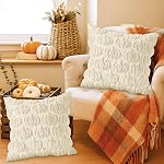 Benjia Fall 18x18 Throw Pillow Covers Set of 2, Autumn Rust Pumpkin Throw Pillow Cases Soft Plush Faux Fur Wool 45 x 45 cm Autumn Cushion Case for Indoor Home Bedroom Couch Sofa Decor (Cream White)