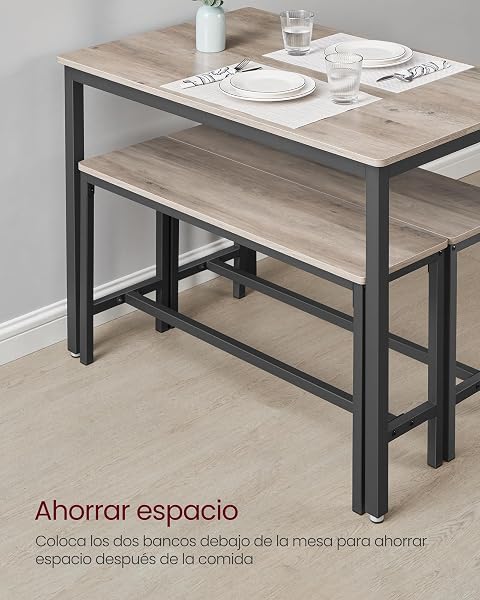 VASAGLE Dining Table with 2 Benches, 3 Piece Set, Kitchen Table of 70 x 110 x 75 cm, 2 Benches of 30 x 97 x 50 cm Each, Steel Frame, Heather Greige and Ink Black KDT070B02 - 5