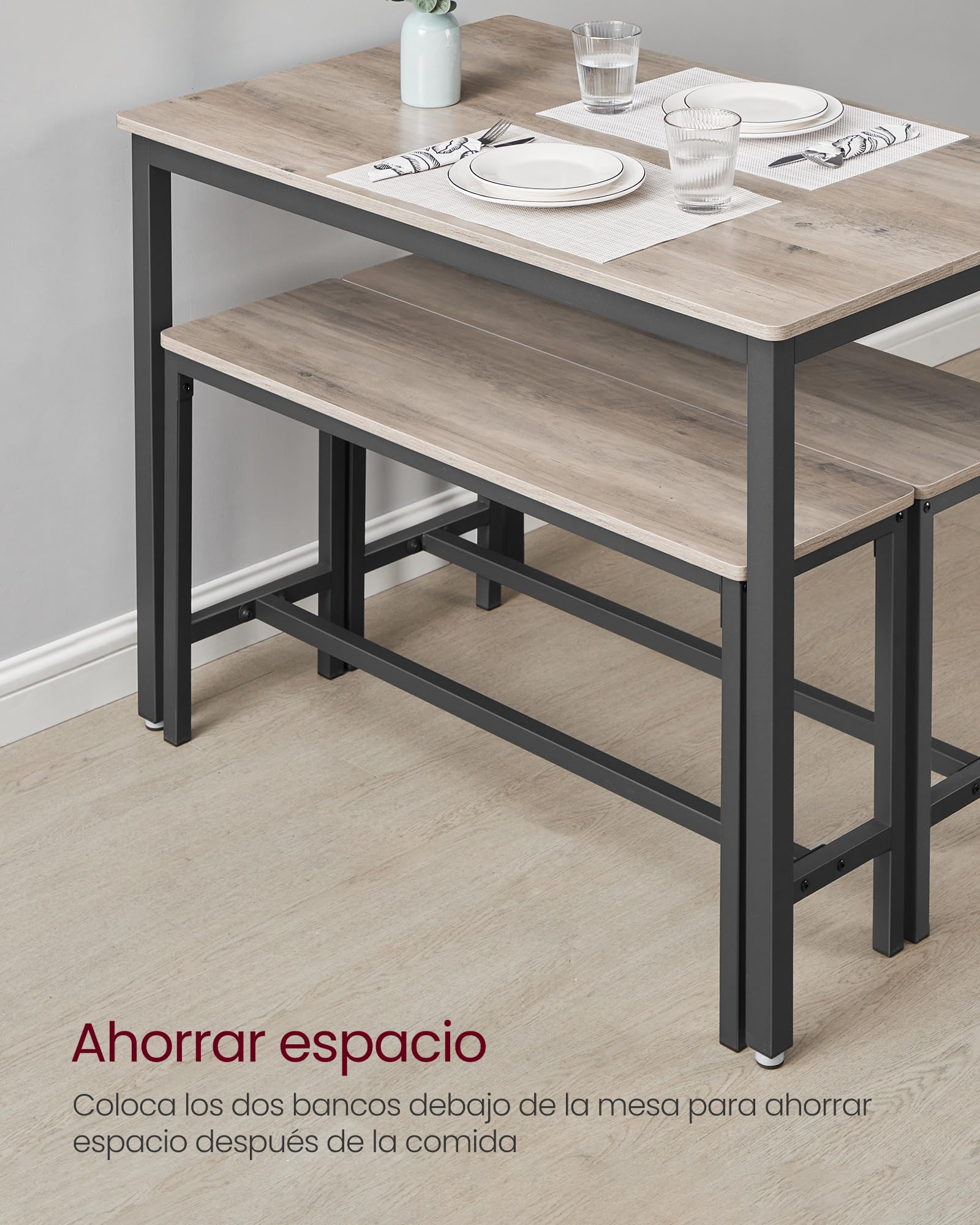 VASAGLE Conjunto de Mesa de Comedor y 2 Sillas, Juego de 3 Piezas, Mesa de 70 x 110 x 75 cm, 2 Taburetes de 30 x 97 x 50 cm Cada Uno, Marco de Acero, Greige Brezo y Negro Tinta KDT070B02 — view 5