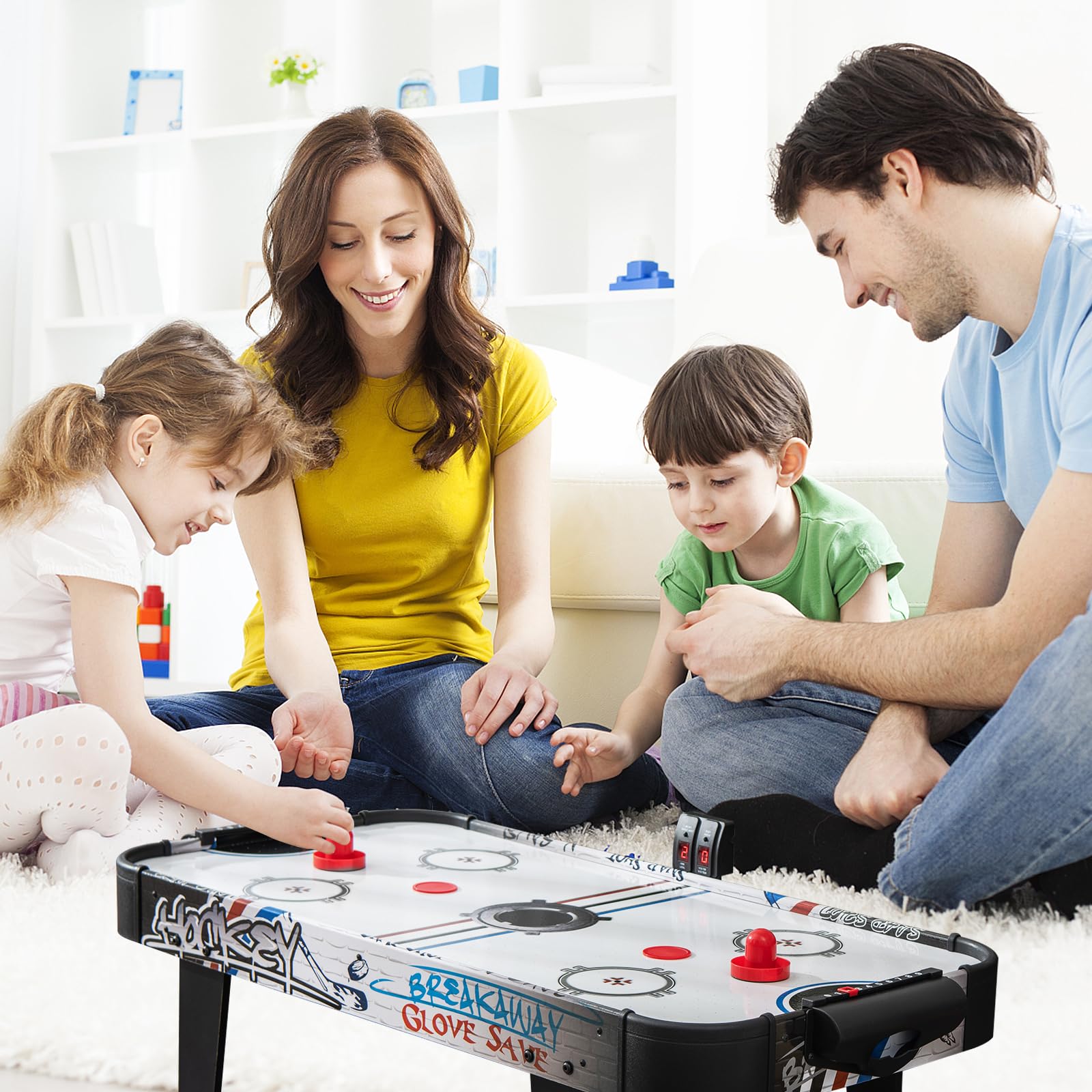 HOMASIS Mini Mesa de de Juego para Airhockey, Mesa de Hockey de Aire con Marcador LED electrónico, Juguete Juego con 2 Discos, 2 Asas y 2 dianas para niños y Adultos, 107x56x30cm, Negro