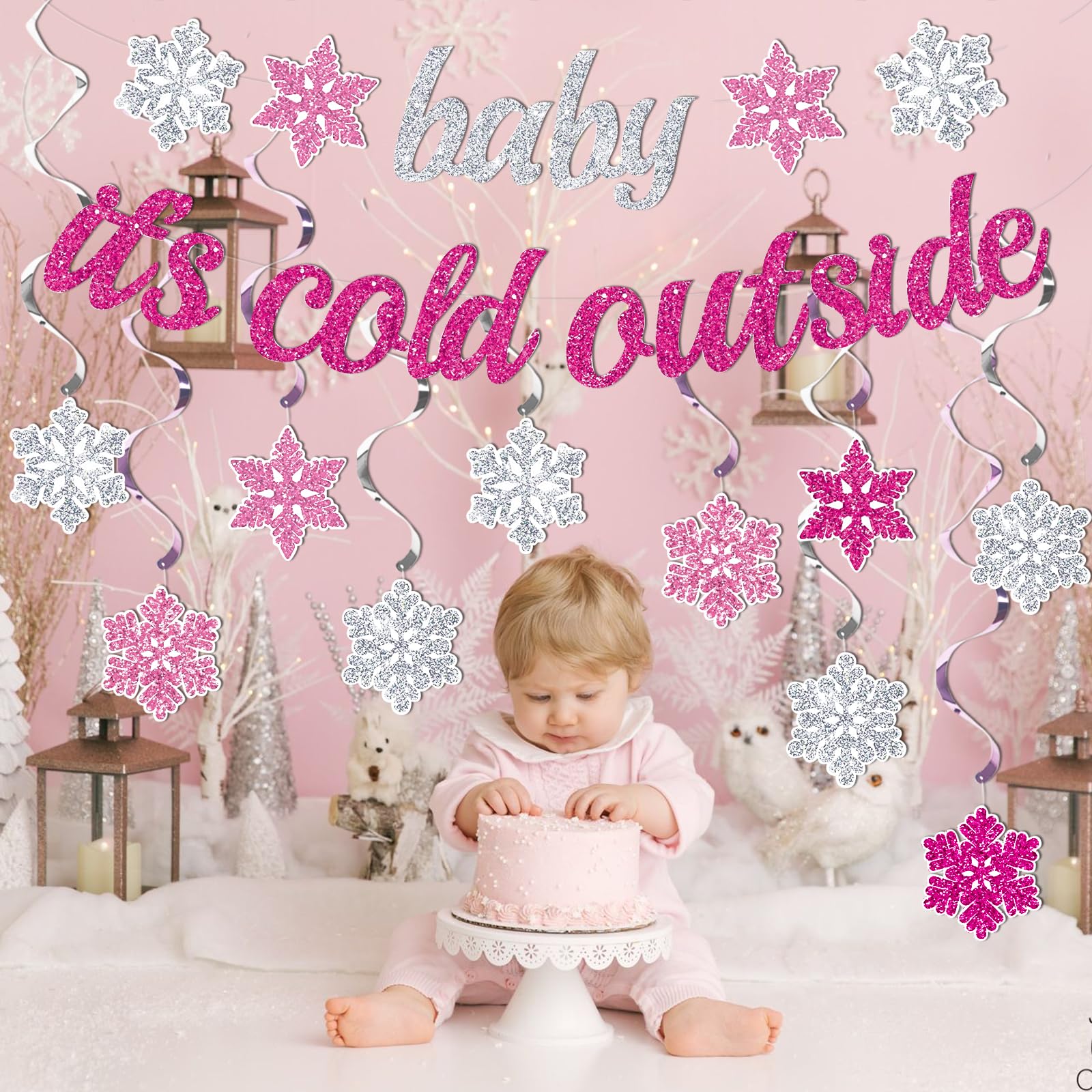 Winter Wonderland Party Decorations - Pink 'Baby It's Cold Outside' Banner & Snowflakes