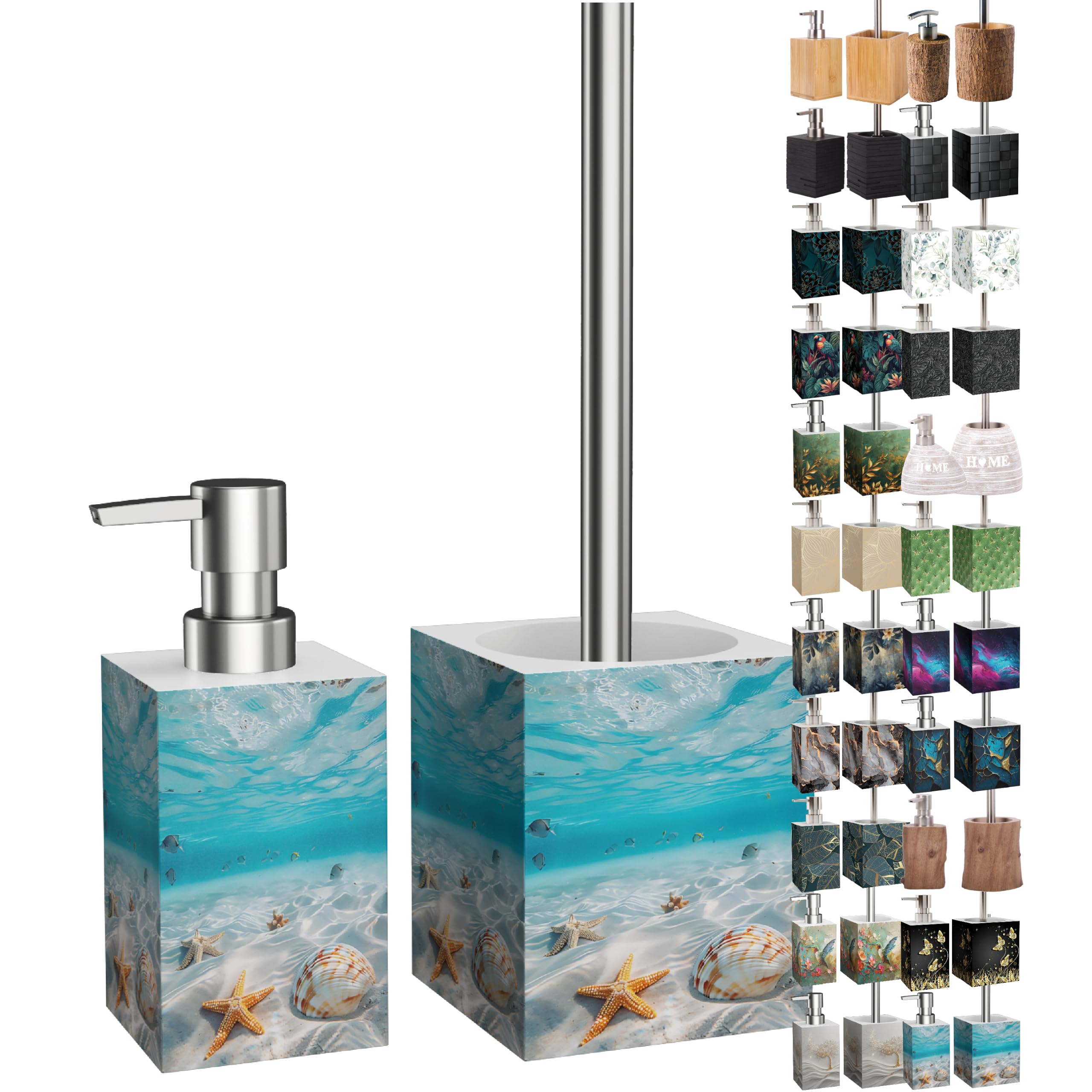 Sanilo Set di accessori per il bagno, dispenser di sapone e scopino WC, materiale di alta qualita, che attira l'attenzione in ogni bagno (Waterworld)