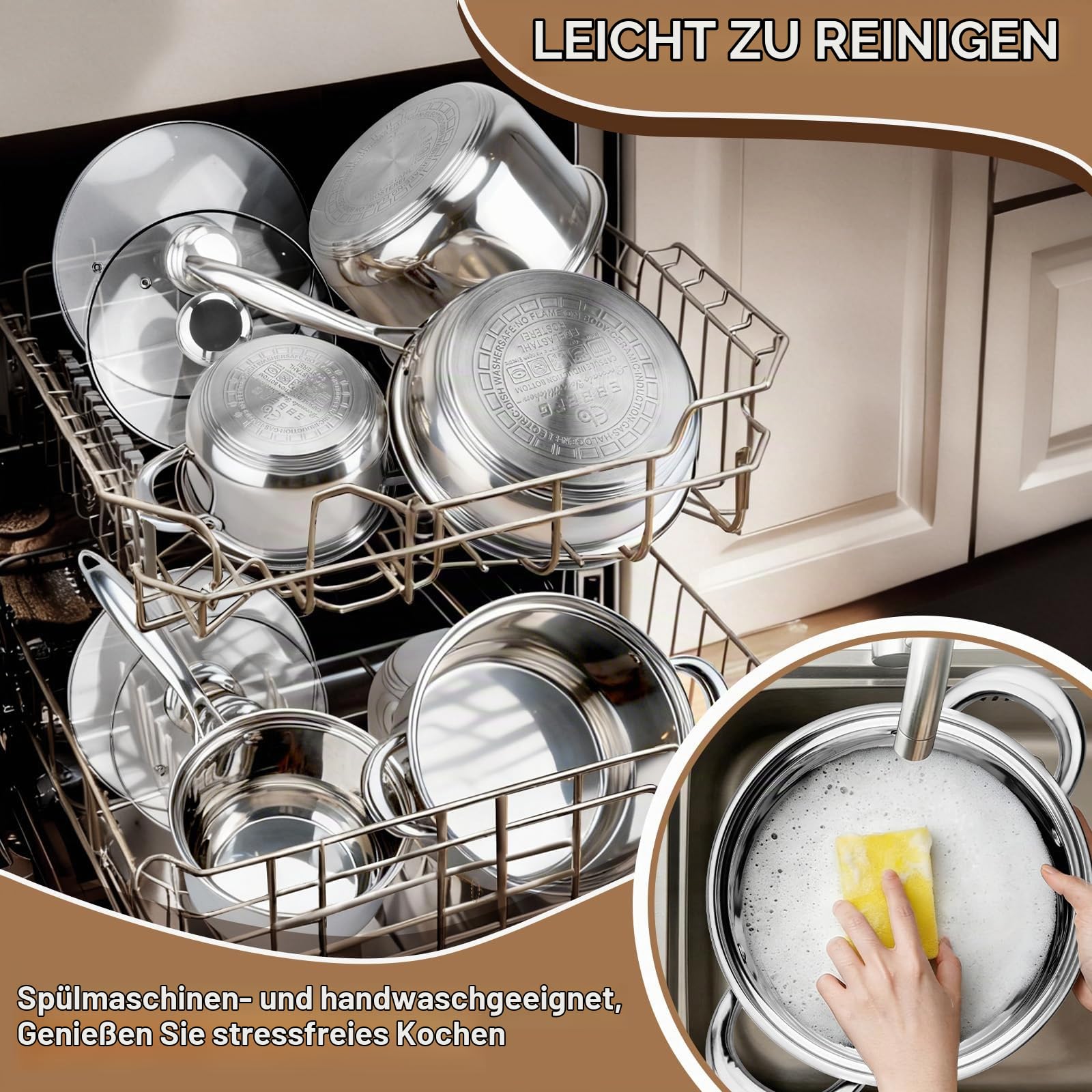 topfset induktion Edelstahl topfset pfannenset 15-teilig antihaftbeschichtet 1 Pfanne 5 Töpfe 6 Deckel 3 Küchenutensilien mit kühlhaltendem Griff Induktions- und Backofenfest Silber