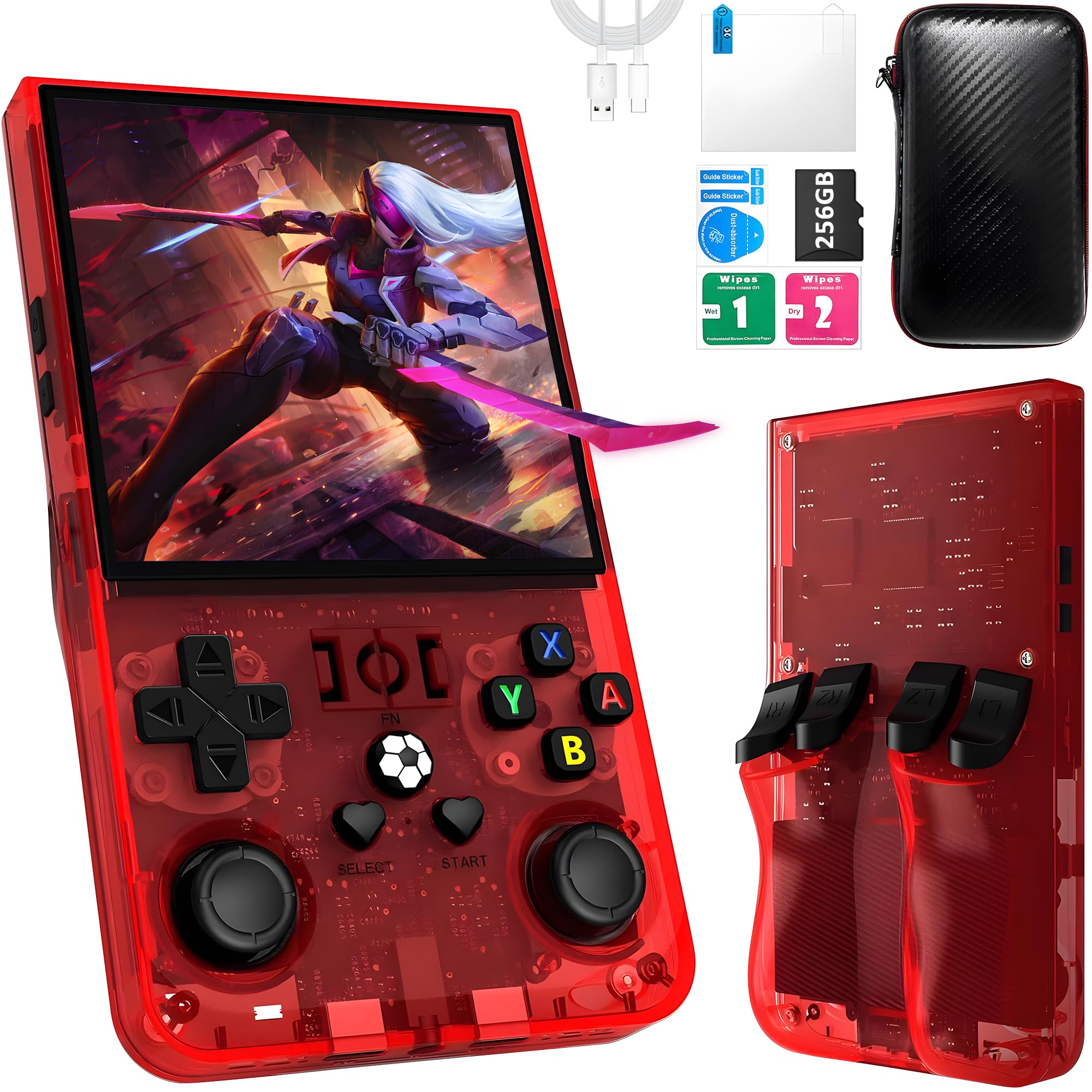 R36MAX Retro Handheld Spielkonsole, 256 G über 40.000 Spiele, 4-Zoll-IPS Retro Konsole, Linux-System, 4000-mAh-Akku, Unterstützt Mehrere Emulatoren,Tragbare Mini-Arcade(Rot)