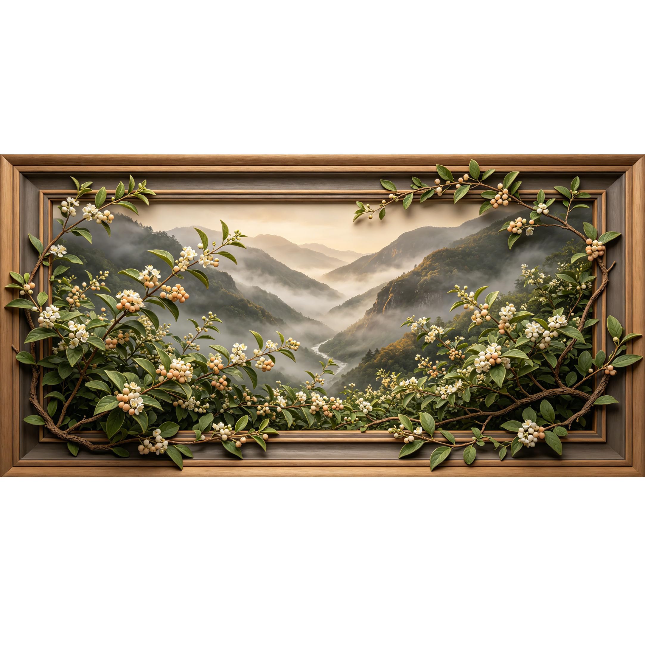 Agglomerix 3D Framed Wall Art Mountain Lake Botanical Landscape Mist Valley Flowering Branch Texture Large Size SelfAdhesive Removable Wall Decor Prints Artwork for Living Room Bedroom Office