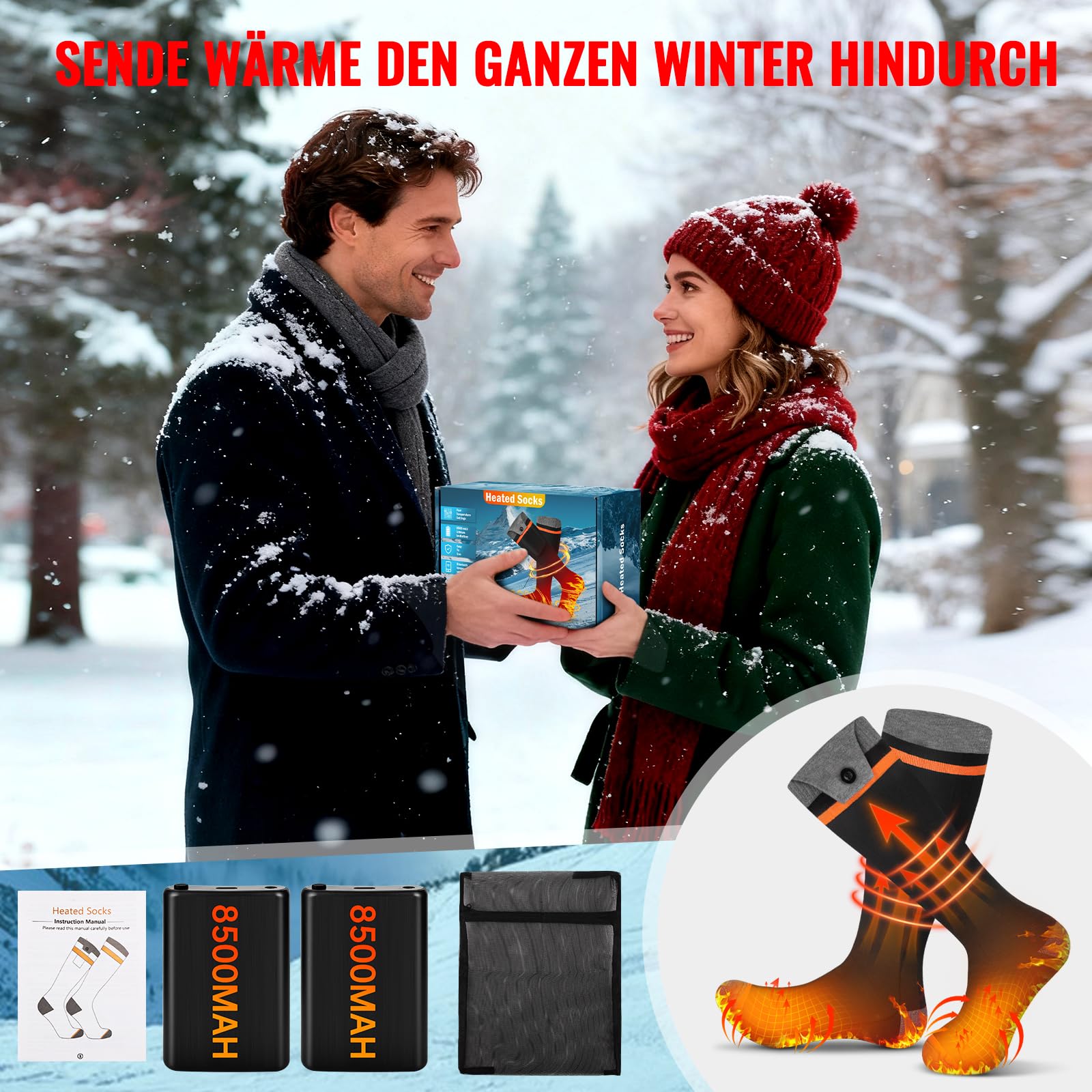 YOOHBERRYS Beheizte Socken, Elektrisch Beheizbare Socken mit 8500mAh Wiederaufladbarer Akku, APP-Fernbedienung bis zu 70°C, Heizsocken Warme Skisocken für Jagd, Wandern, Camping, Skifahren