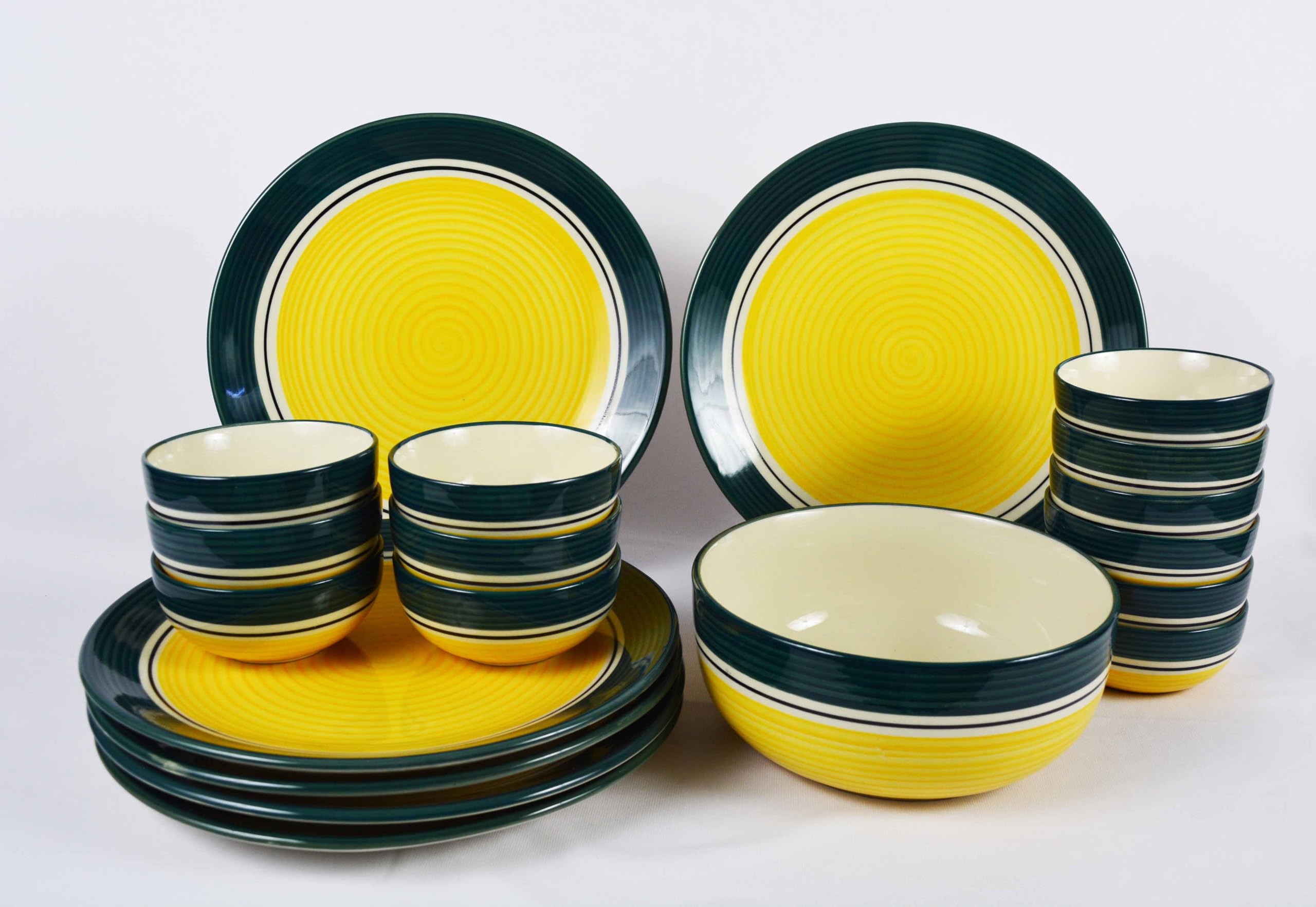 RenHomz™ Ceramic Dinner Set - Set of 19 Pieces | 6 Dinner Plates+12 Bowls+1 Serving Bowl | Hand-Made Blue Legend | Lead and Cadmium Free, 100% Food Grade (Marigold Yellow Green, Serves 6)