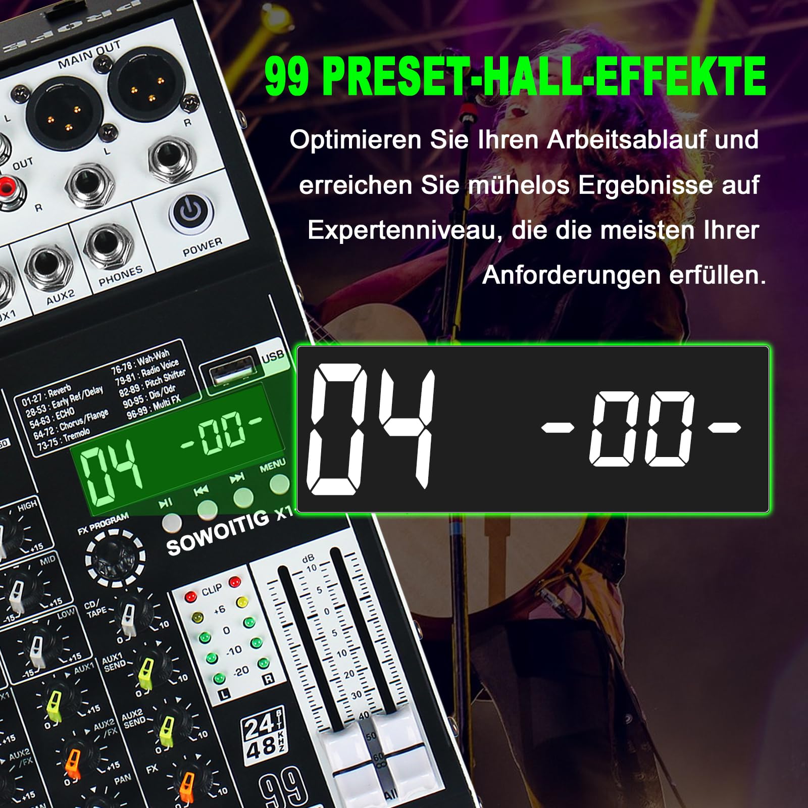 Mixer audio a 4 canali, mixer audio professionale con effetti 99DSP, mixer DJ compatto con USB, Bluetooth, alimentazione phantom 48 V e pulsante PAD per registrazione, karaoke, PA, batteria e musica