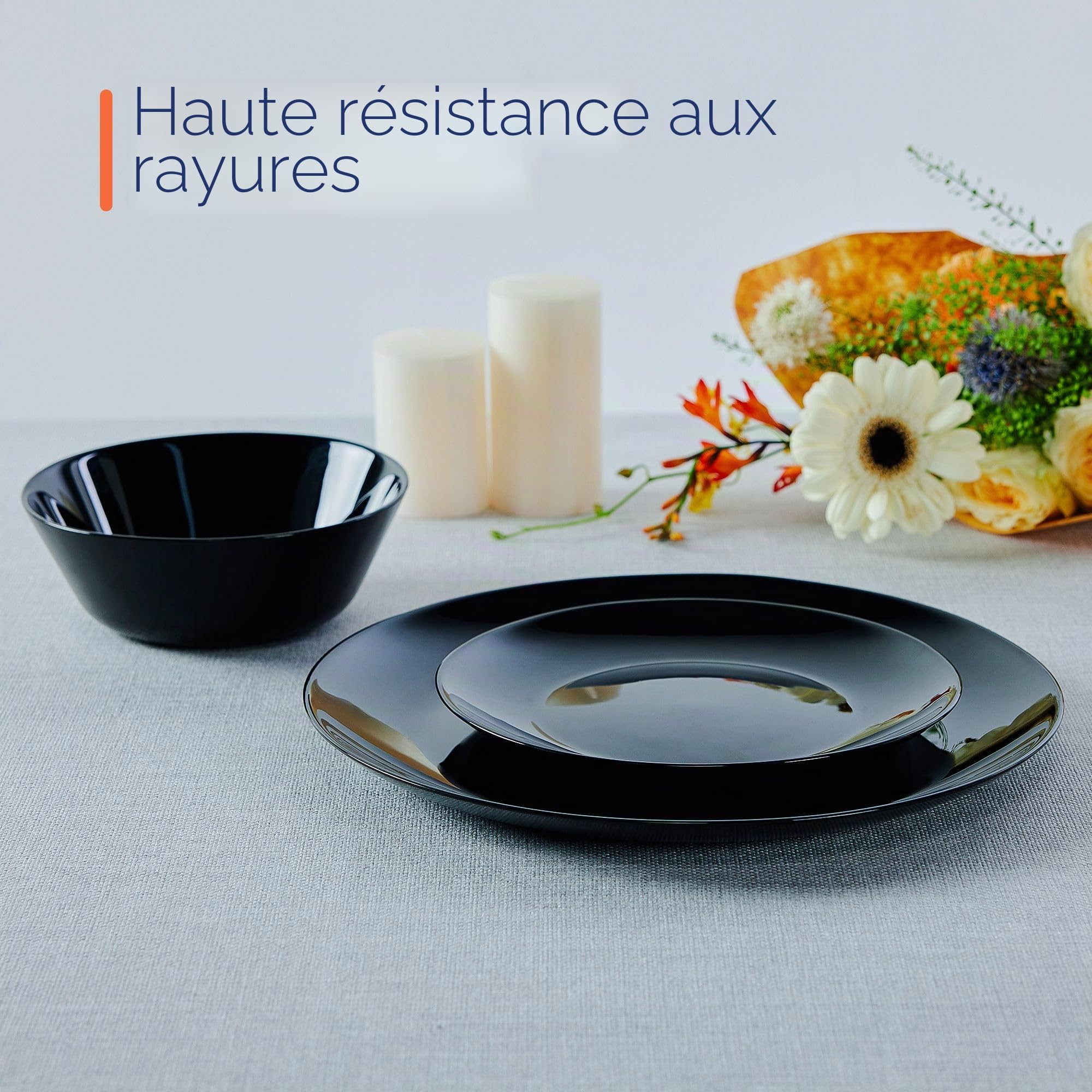 LaGlint Service de table pour 6 personnes, 18 pièces - Assiettes et bols en verre opale, adapté au lave-vaisselle et micro-ondes, résistant aux chocs et éraflures, noir