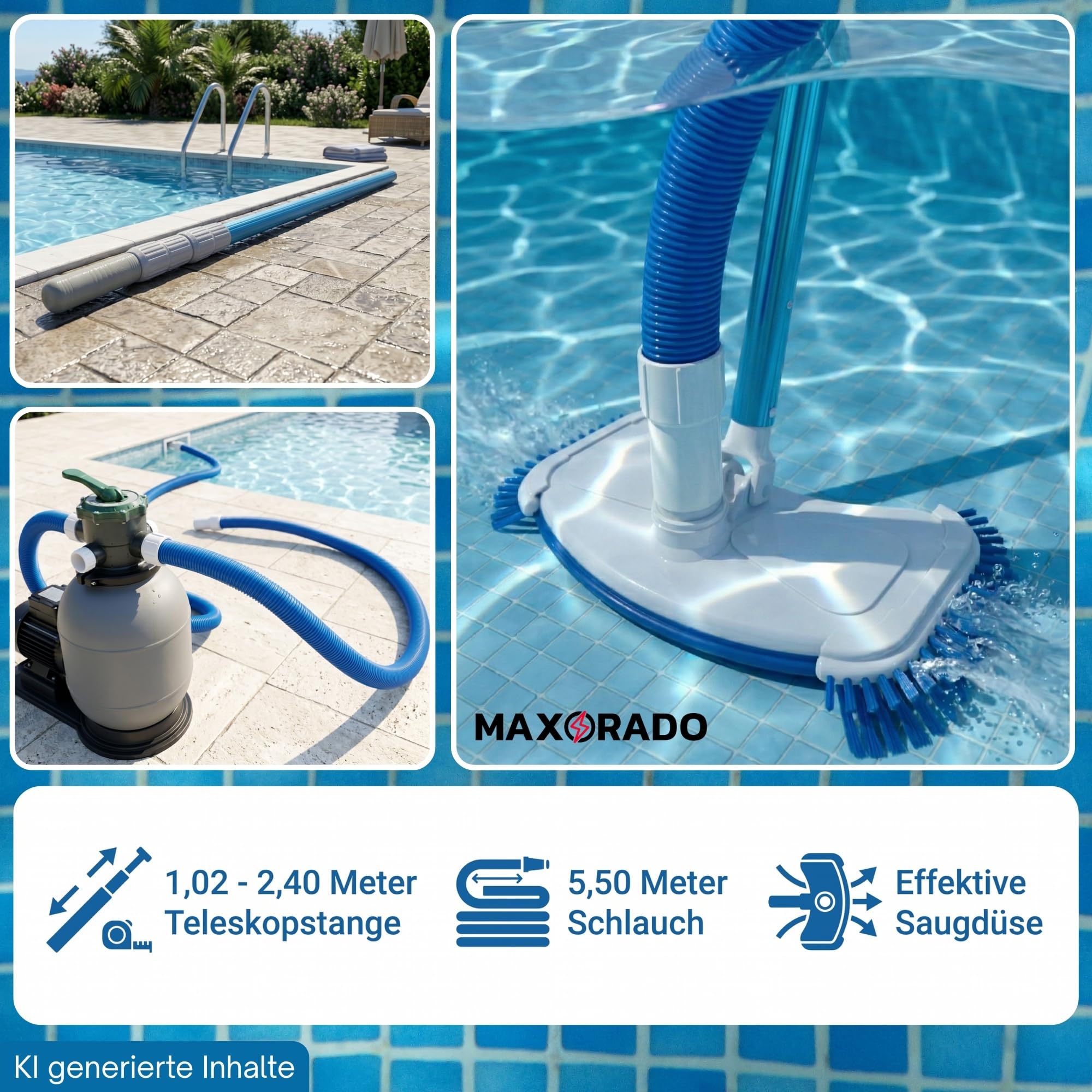 Poolsauger Bodensauger Set mit Düse, Schlauch und 2,4m Teleskopstange | Für Pool und Schwimmbecken, Spa geeignet, Bodenreiniger, Saugbürste