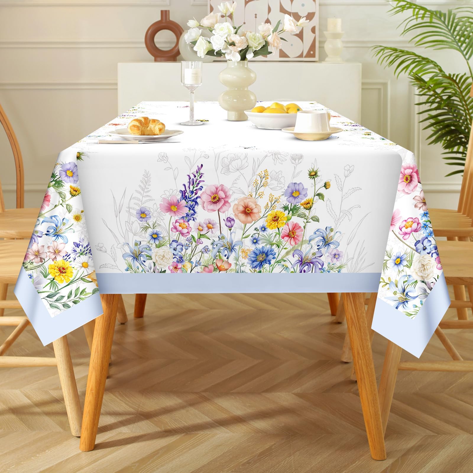 Tovaglia rettangolare con fiori blu, lavabile, senza pieghe, con punta da appendere, per cene e feste in cucina