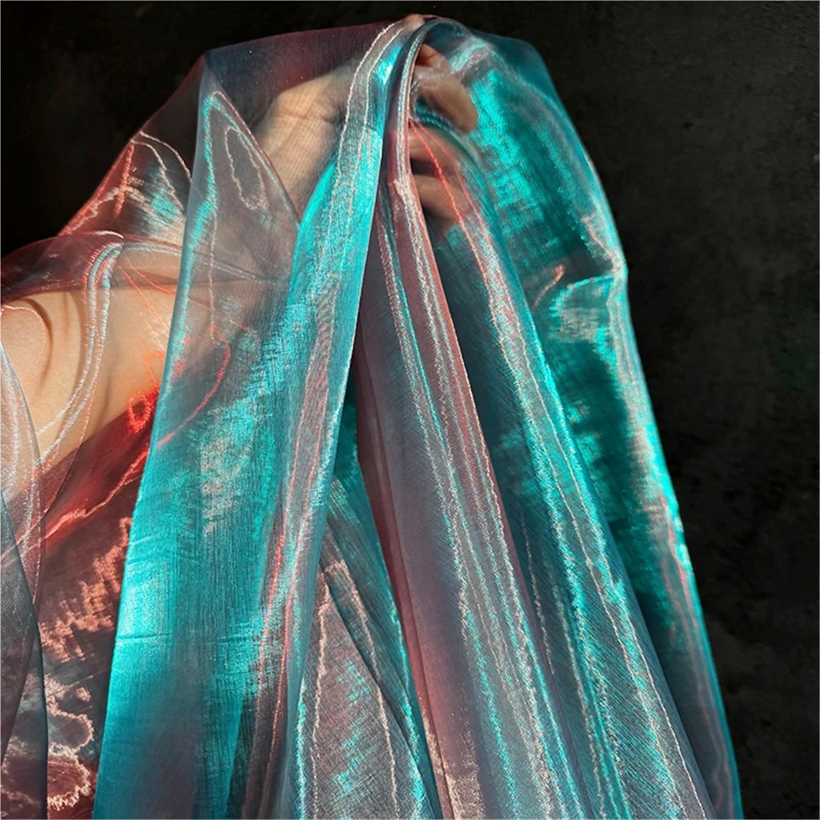 Blue Green Organza Laser Fabric Yarn DIY Handmade Clothing Dress Wedding Gradient Color Background Clothing Fabric for Sewing(DEEP Blue)