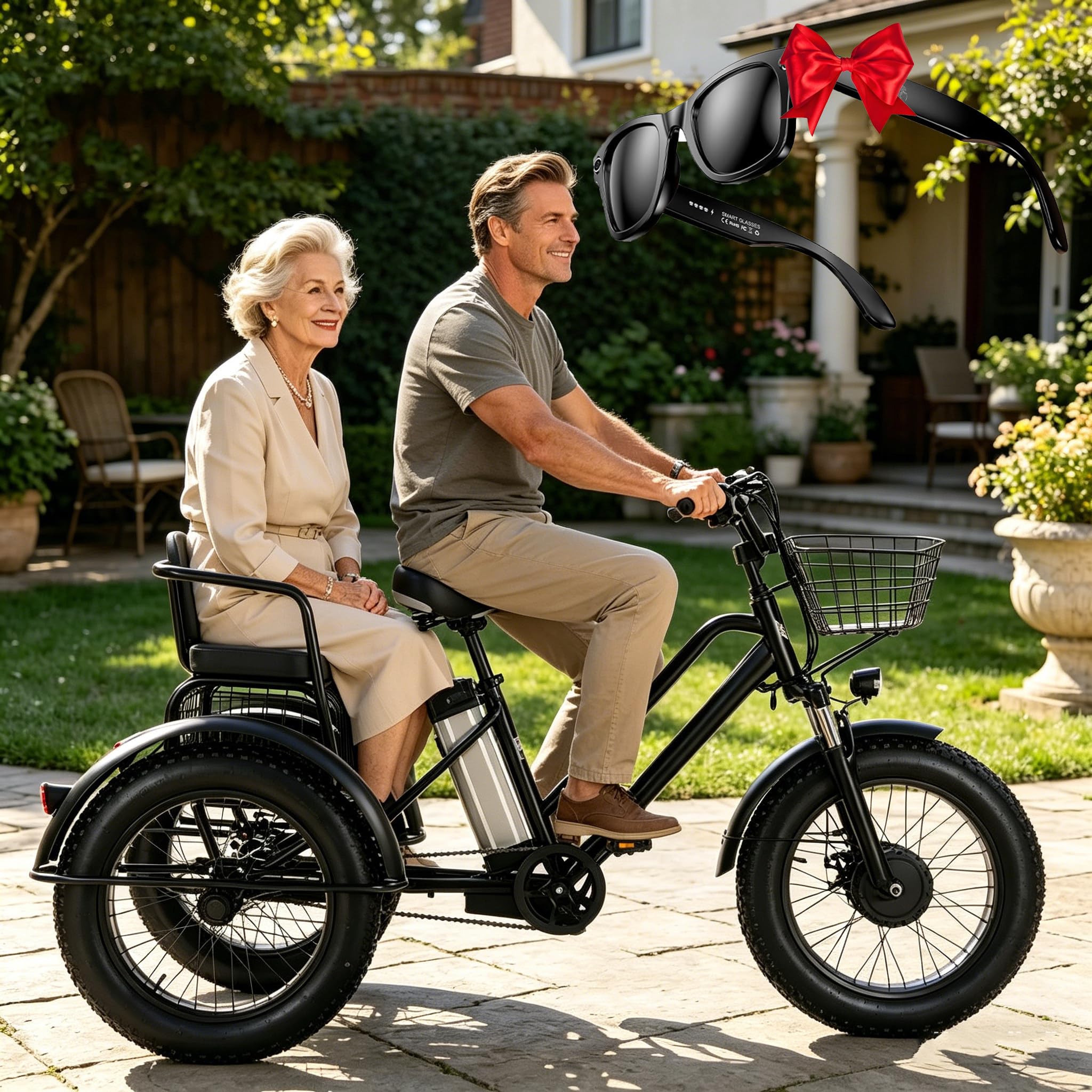 Triciclo Eléctrico para Adultos,con Neumáticos Anchos Todoterreno 20" X 4.0,Cesta De La Compra Y Asiento Trasero,Batería Extraíble 48v/12ah,Carga 200Kg,Ideal para IR Compras
