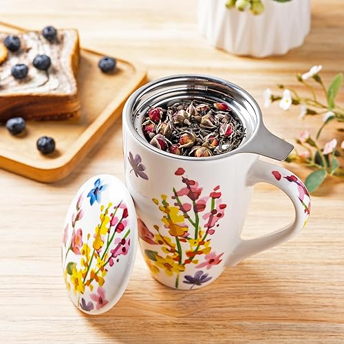 Miniatura 2 de GBHOME Taza de té con infusor y tapa, taza grande de cerámica de hoja suelta de 18 onzas, apta para microondas, apta para lavavajillas, perfecta