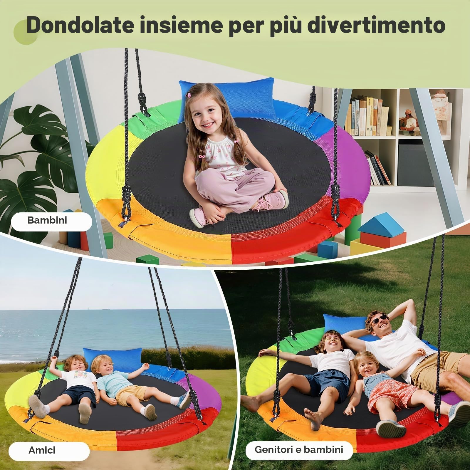 Altalena a nido d'ape da 120 cm, portata fino a 300 kg, con cuscino, per interni ed esterni, per bambini e adulti