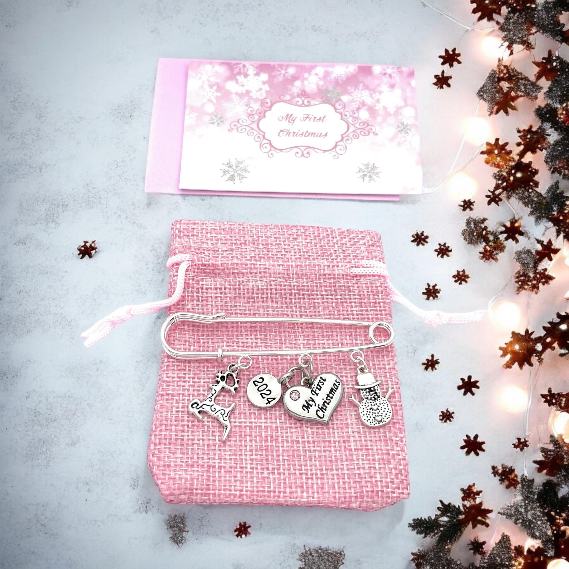 Baby Girl My First Christmas 2025 Baby Keepsake Charms with Pink Gift Bag and Gift Card - Reindeer and Snowman - Image 4