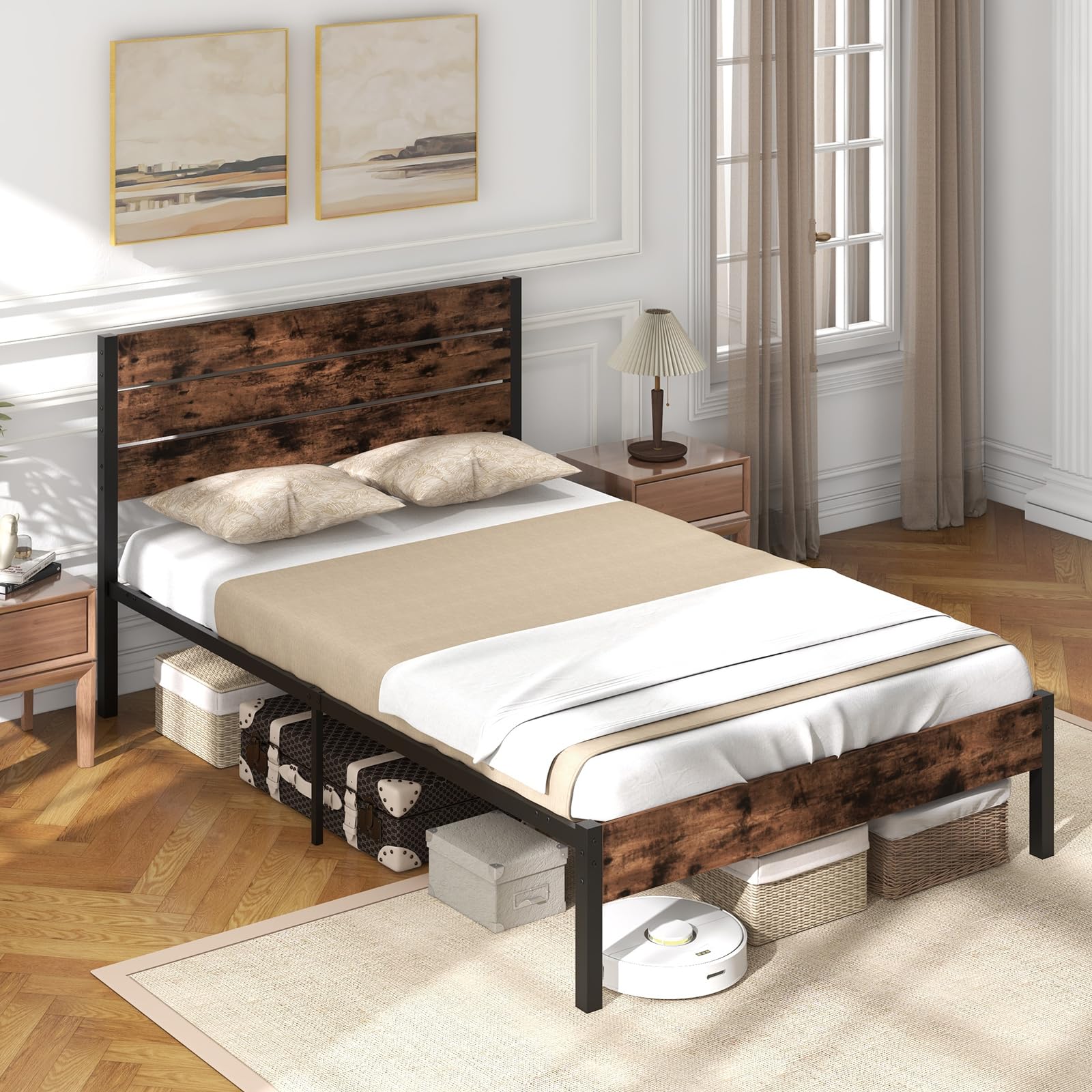 COSTWAY Metalowa rama łóżka na materac 200 x 140 cm, podwójna rama łóżka, rama łóżka z stelażem i miejscem do przechowywania pod łóżkiem, metalowa platforma, łóżko dla gości, przemysłowa podstawa