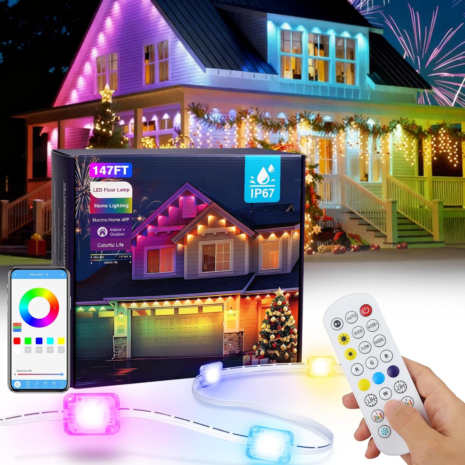 Permanent Outdoor Lights 150FT RGBIC LED Smart LED Light, App/Remote Control IP68 Waterproof for Holiday Decor, 50 Scene Modes, DIY Lights Color Lighting Timing for Christmas Halloween Party