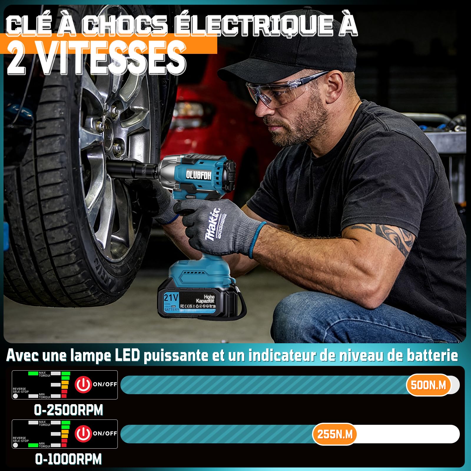 Clé à Chocs Sans Fil Brushless, avec 4.0 Ah Batteries, Couple Maximal 500 Nm, avec 6 Douilles à Chocs, chargeur rapide, 21V Visseuse à Chocs pour Voiture Familiale/Camionnette