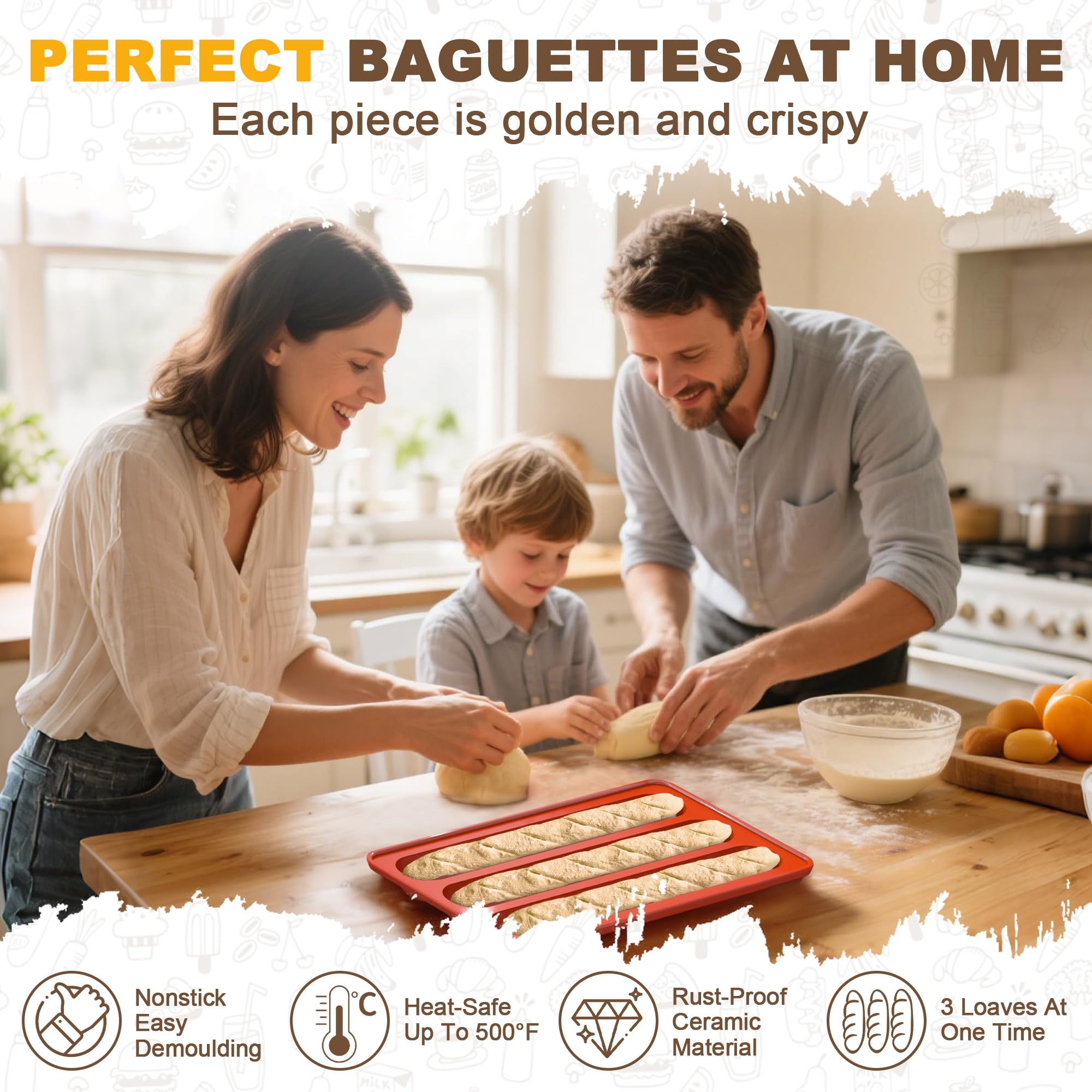 Baguette-Brotpfanne, Premium-Antihaft-Brotbackform, 3 Brote, Baguette-Pfanne mit Deckel, gleichmäßige Erwärmung für Sauerteig, italienisches Brot, perfekt für die Erzeugung knackiger, goldbrauner