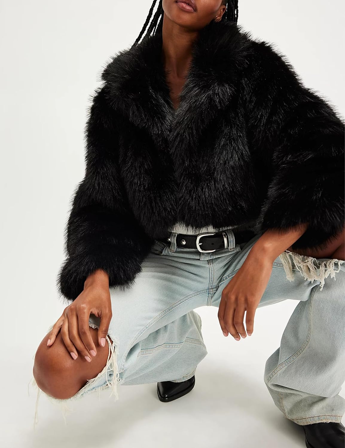 Gozoloma Women's Faux Fur Jacket Long Sleeve V Neck Collared Cropped Coat with Single Button Closure - Image 3