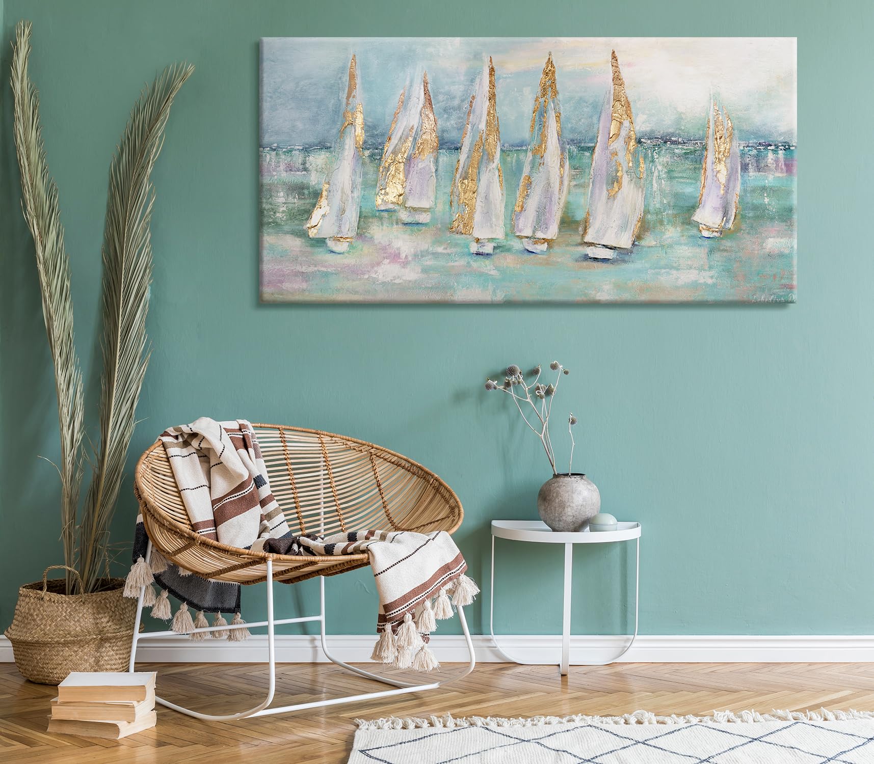 YS-Art Bellissimo murales per il Soggiorno barche a vela paesaggio marino in blu con oro moderno arredamento casa Immagini arte moderna 200x100 cm