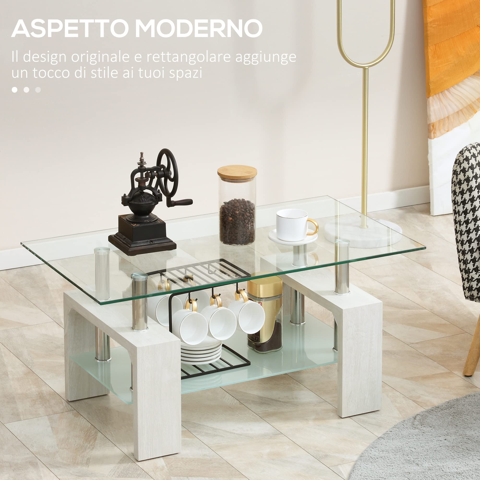 HOMCOM Tavolino Salotto Moderno a 2 Livelli con Piano d'Appoggio in Vetro Temperato, Tavolino da Divano in Legno e Acciaio, Tavolo da Caffè per Soggiorno, 90x50x42 cm, Bianco